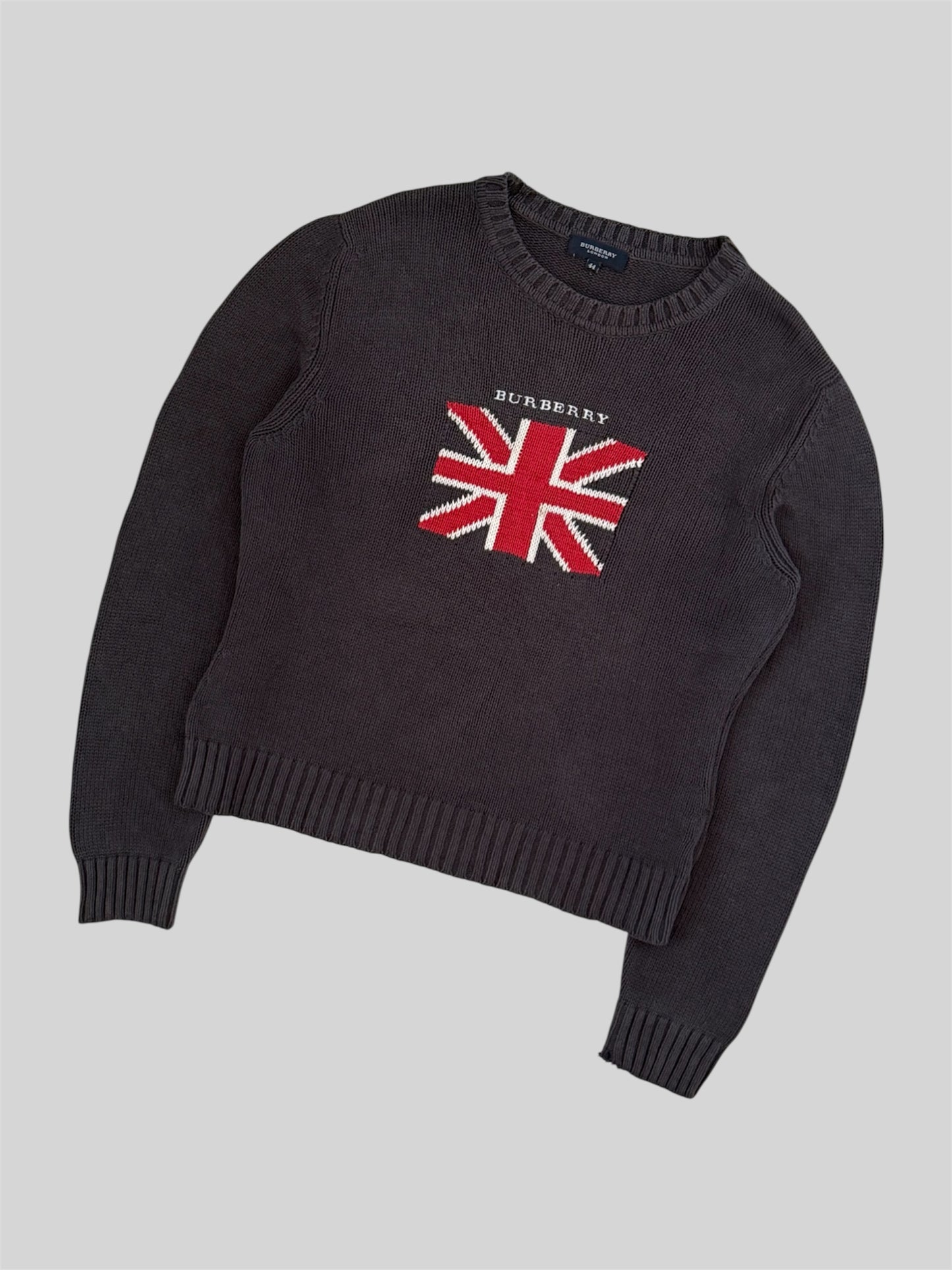 Vintage 90s Burberry Embroidered UK Flag Knitted Jumper Faded Navy Small