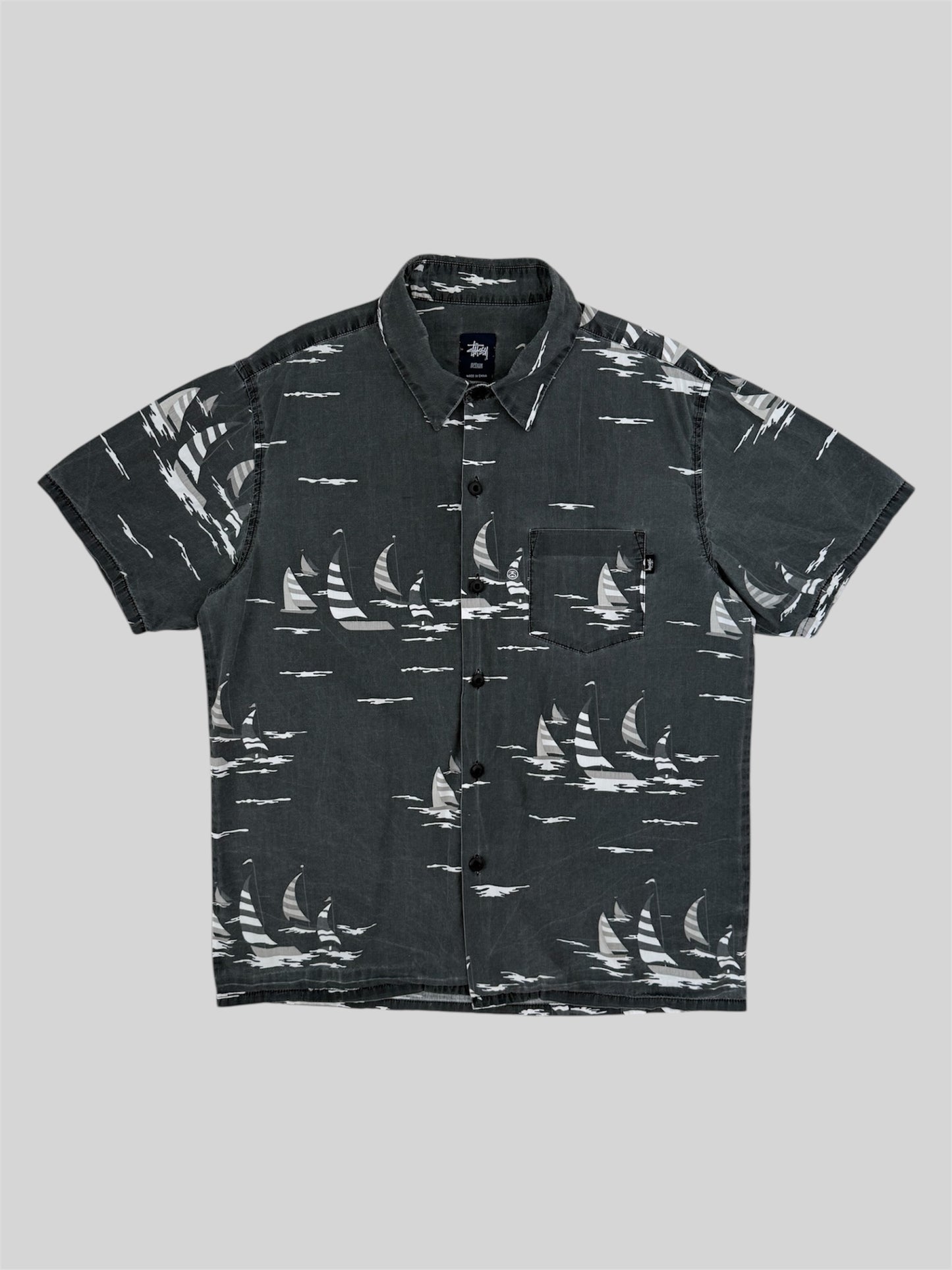 Rare Vintage Stussy 2000s Button Up Summer Sailboat Shirt Grey Medium