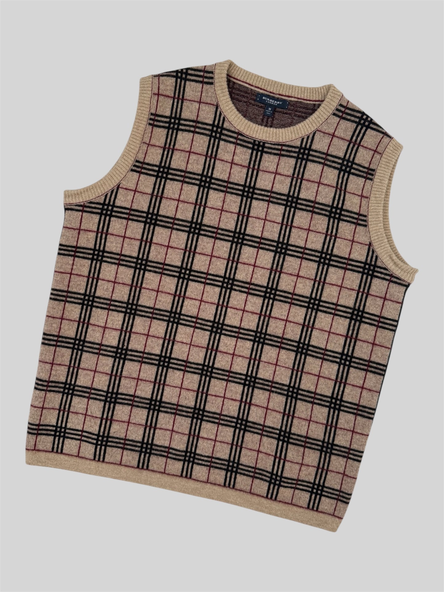 Vintage Burberry 90s Nova Check Knitted Vest Jumper Beige Medium Made In Italy
