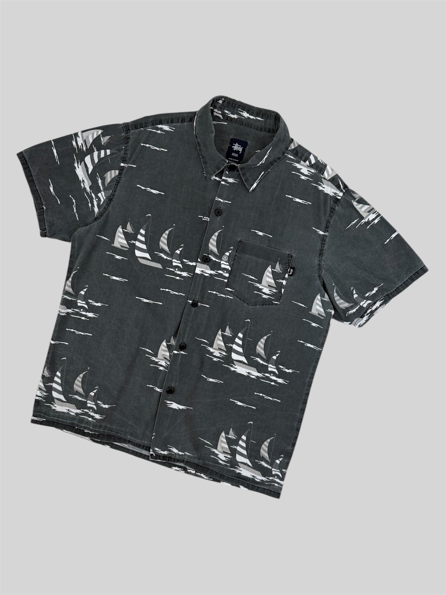 Rare Vintage Stussy 2000s Button Up Summer Sailboat Shirt Grey Medium
