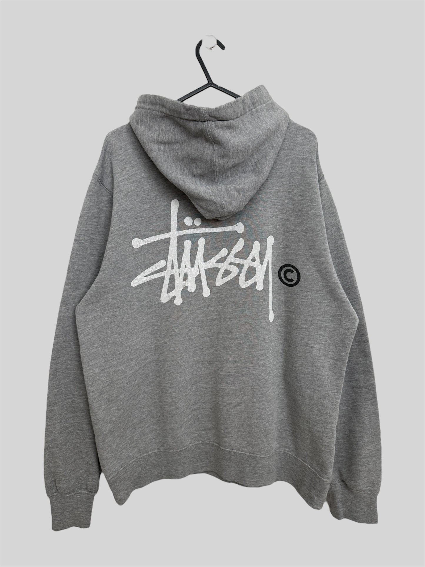 Authentic Stussy Printed Spellout Pullover Hoodie Light Grey Medium