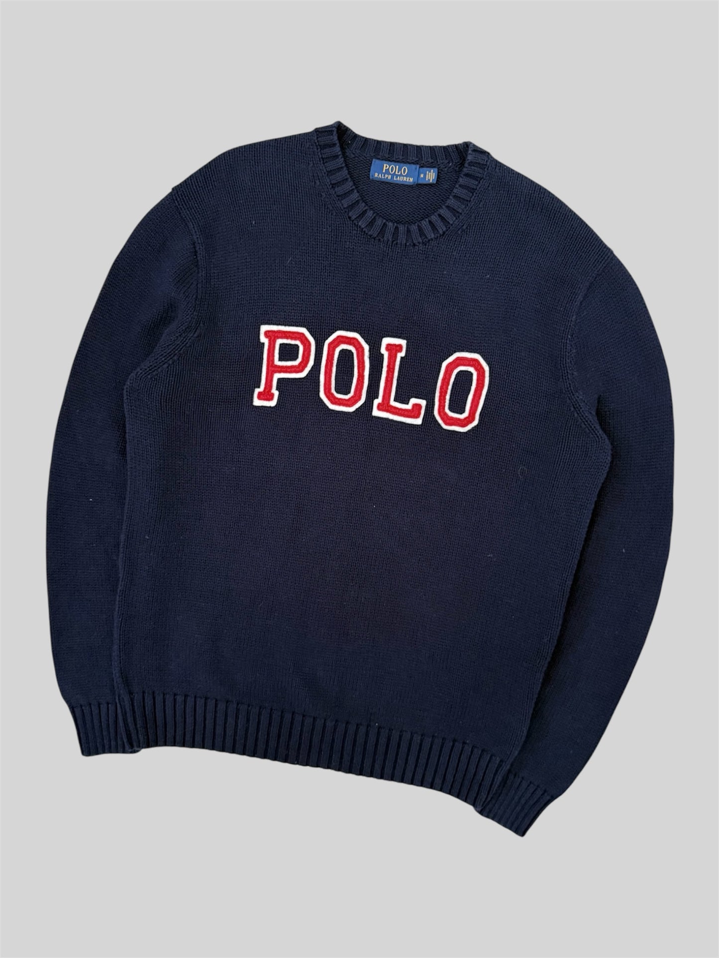 Authentic Polo Ralph Lauren Spellout Knitted Pullover Jumper Navy Medium