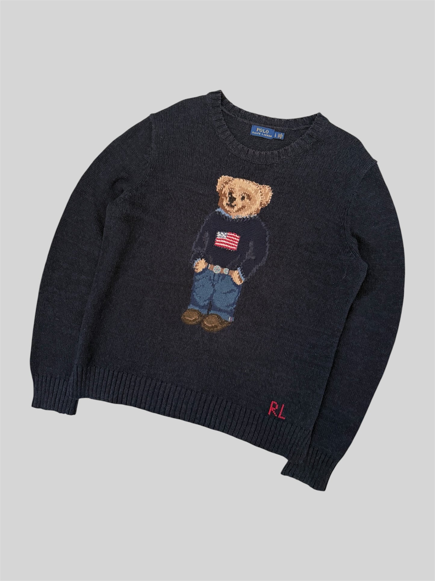 Authentic Polo Ralph Lauren Teddy Bear Knitted Pullover Jumper Black/Navy Large