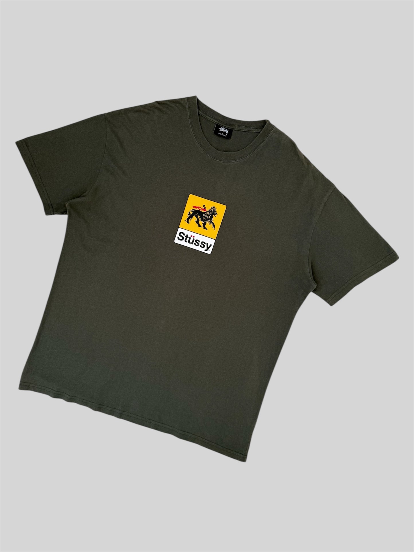 Modern Stussy Lion Graphic Print Spellout T Shirt Dark Green Large