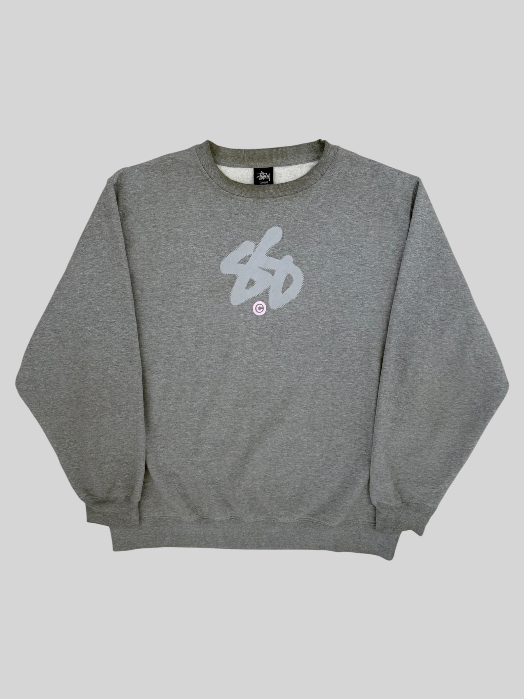 Vintage 1990s Stussy Graphic Print Pullover Sweatshirt Light Grey