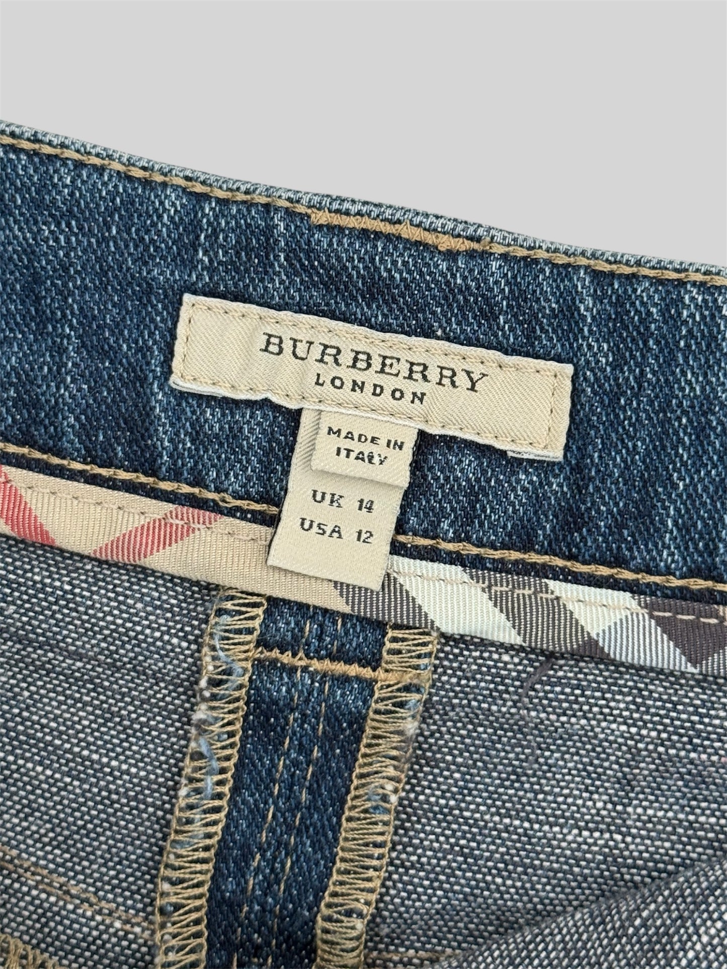 Rare Burberry 00s Embroidered Emblem Knee Length Denim Skirt Blue Size 14 Large