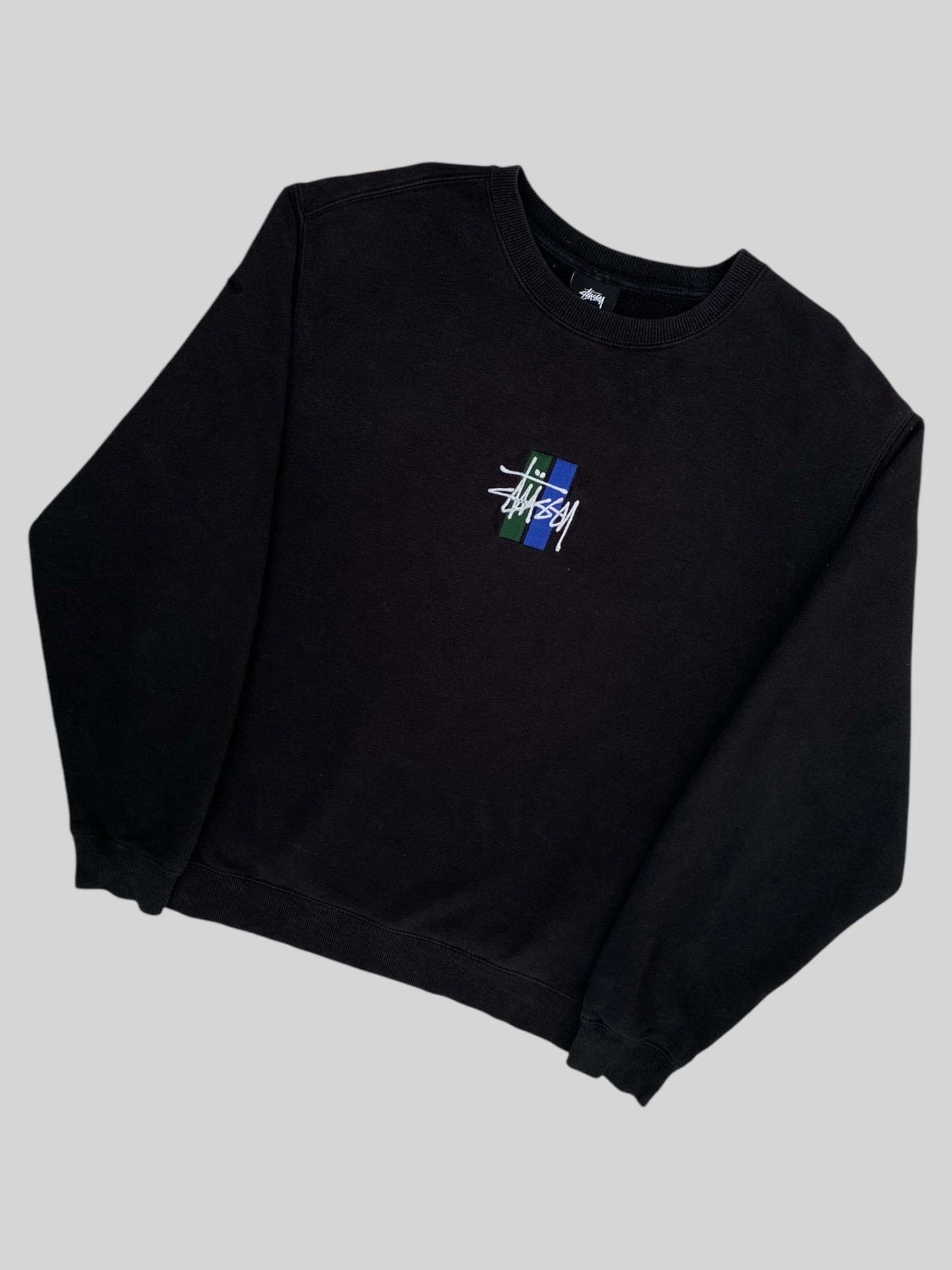 Vintage Stussy Embroidered Spellout Pullover Sweatshirt Black Medium