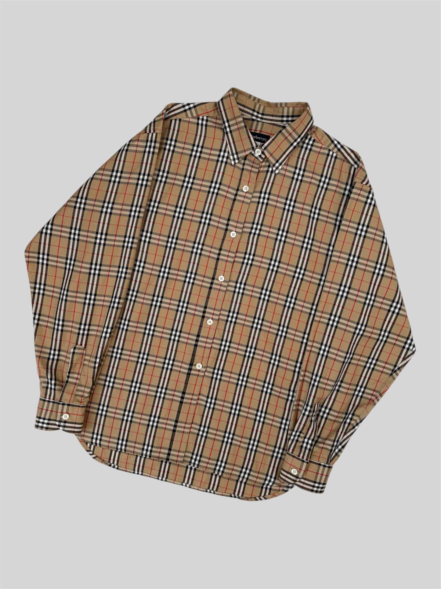 Vintage Burberry 90s Nova Check Button Up Long Sleeve Shirt Beige Size 16 Large