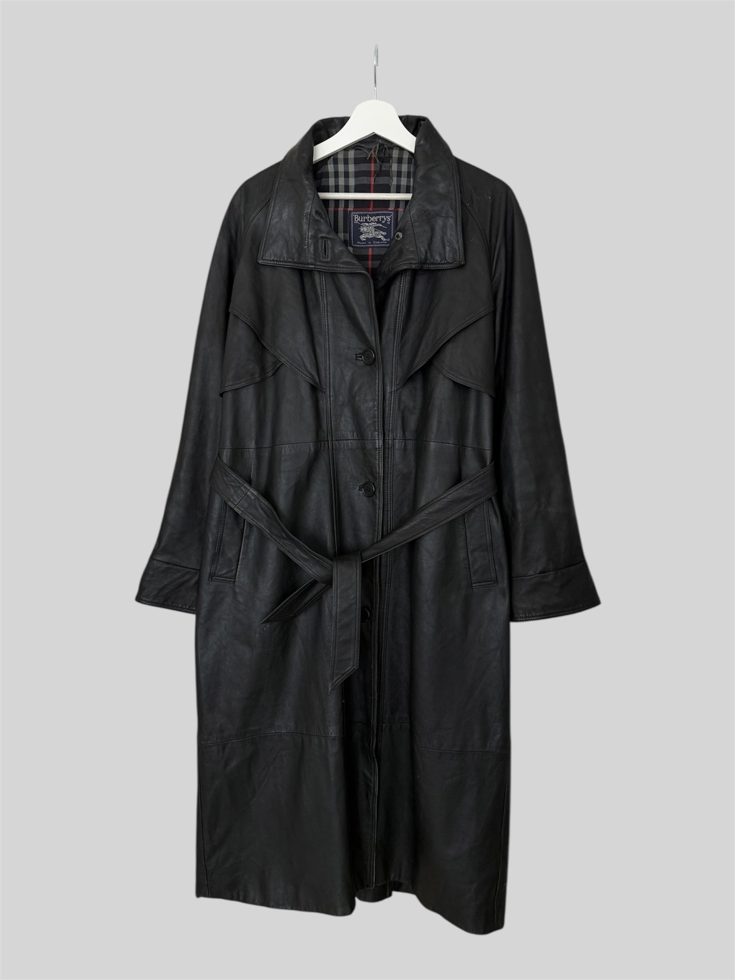 Rare 1990s Burberry Men’s Regular Fit Leather Trench Coat Black Size Medium