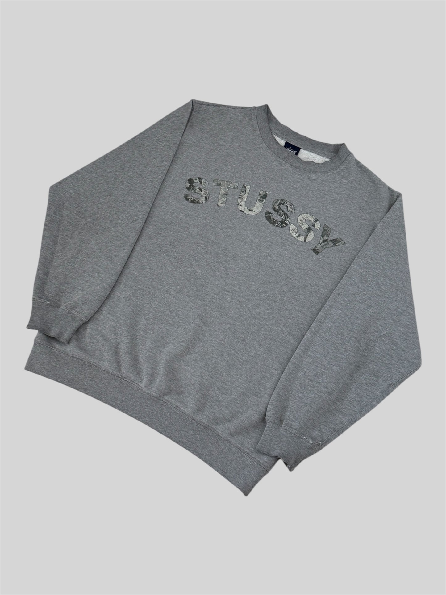 Rare Vintage Stussy 1990s American Spellout Pullover Sweatshirt Light Grey Small