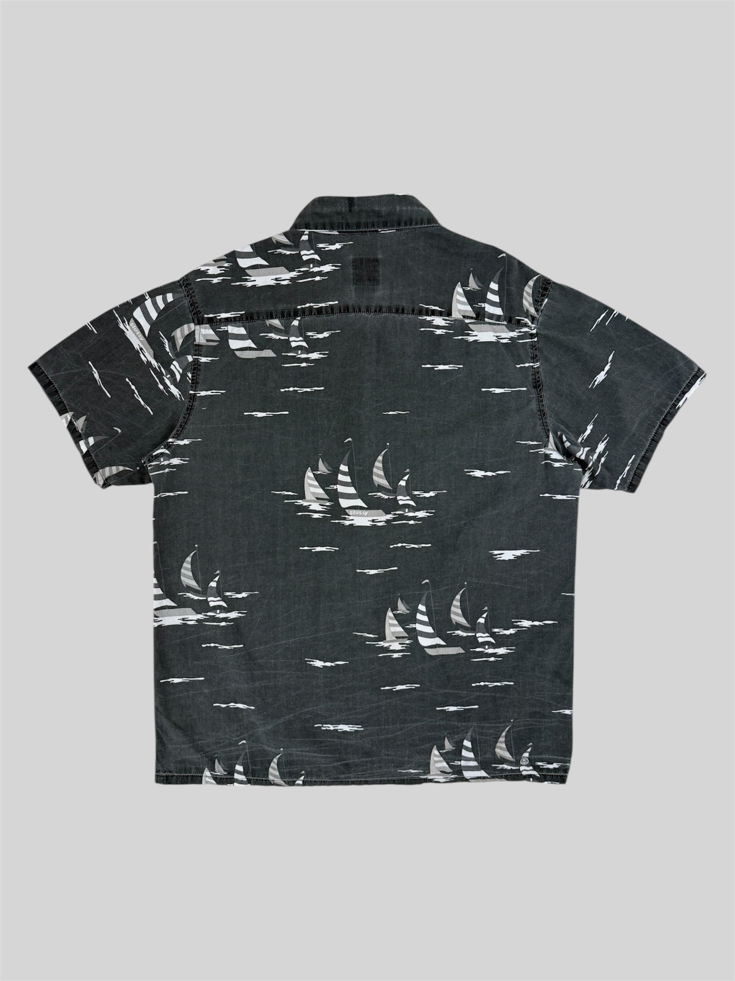 Rare Vintage Stussy 2000s Button Up Summer Sailboat Shirt Grey Medium