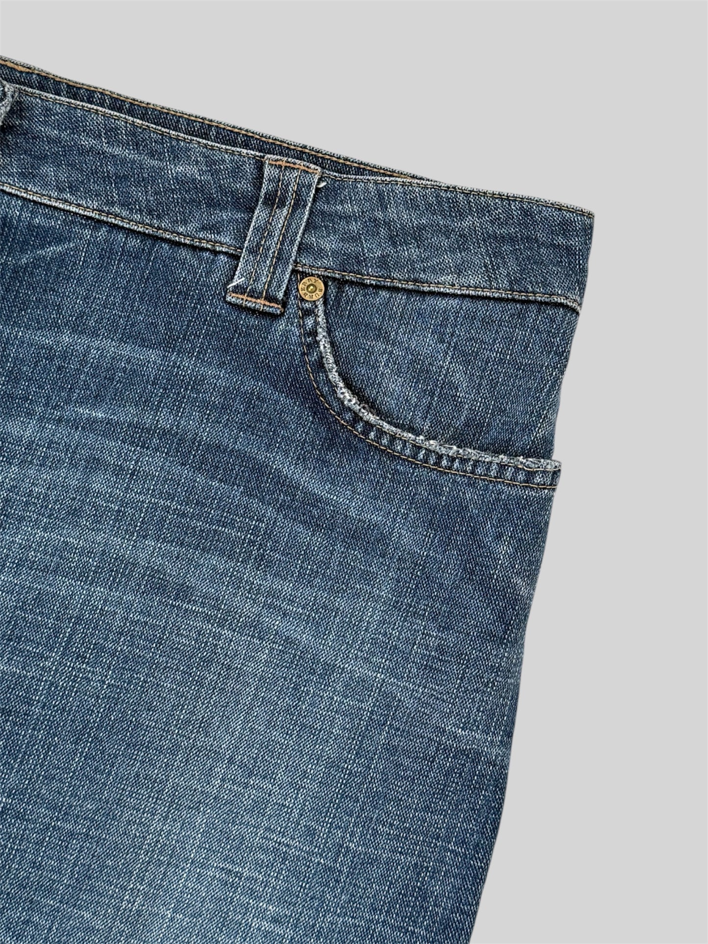 Rare Burberry 00s Embroidered Emblem Knee Length Denim Skirt Blue Size 14 Large