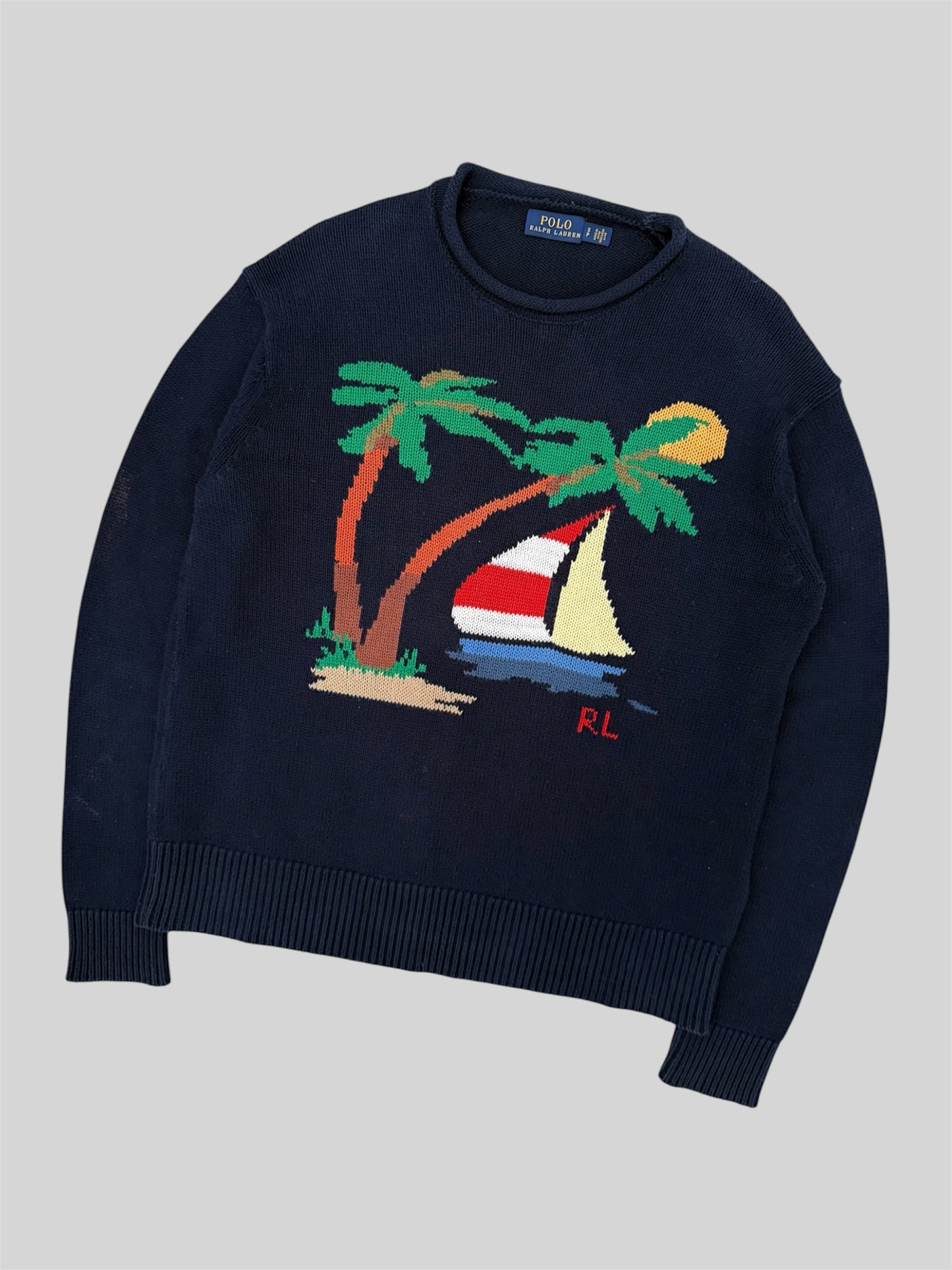 Authentic Polo Ralph Lauren Sailboat Beach Knitted Pullover Jumper Navy Small
