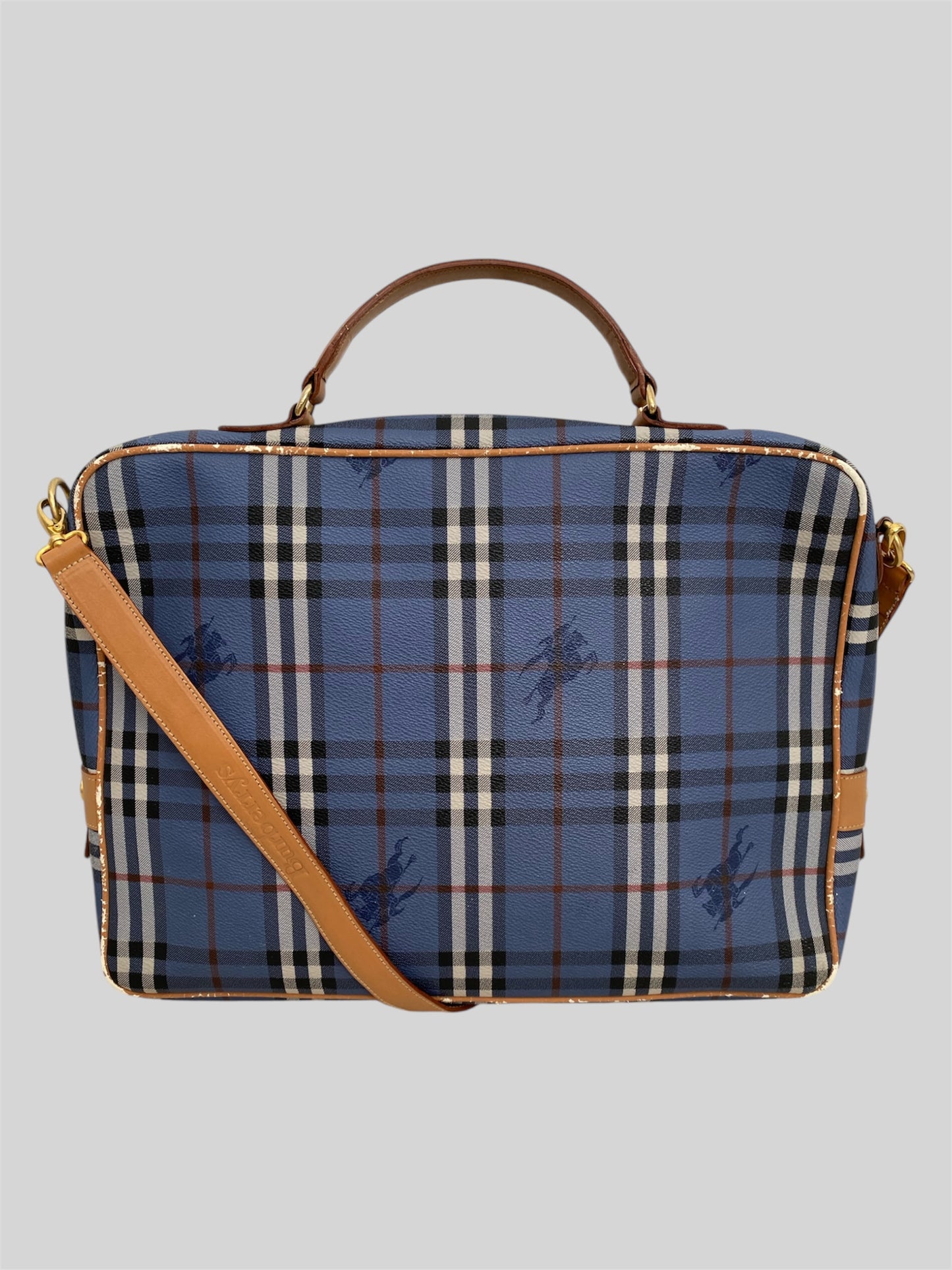 Vintage Burberry Nova Check Messenger Laptop Bag With Attachable Strap Blue