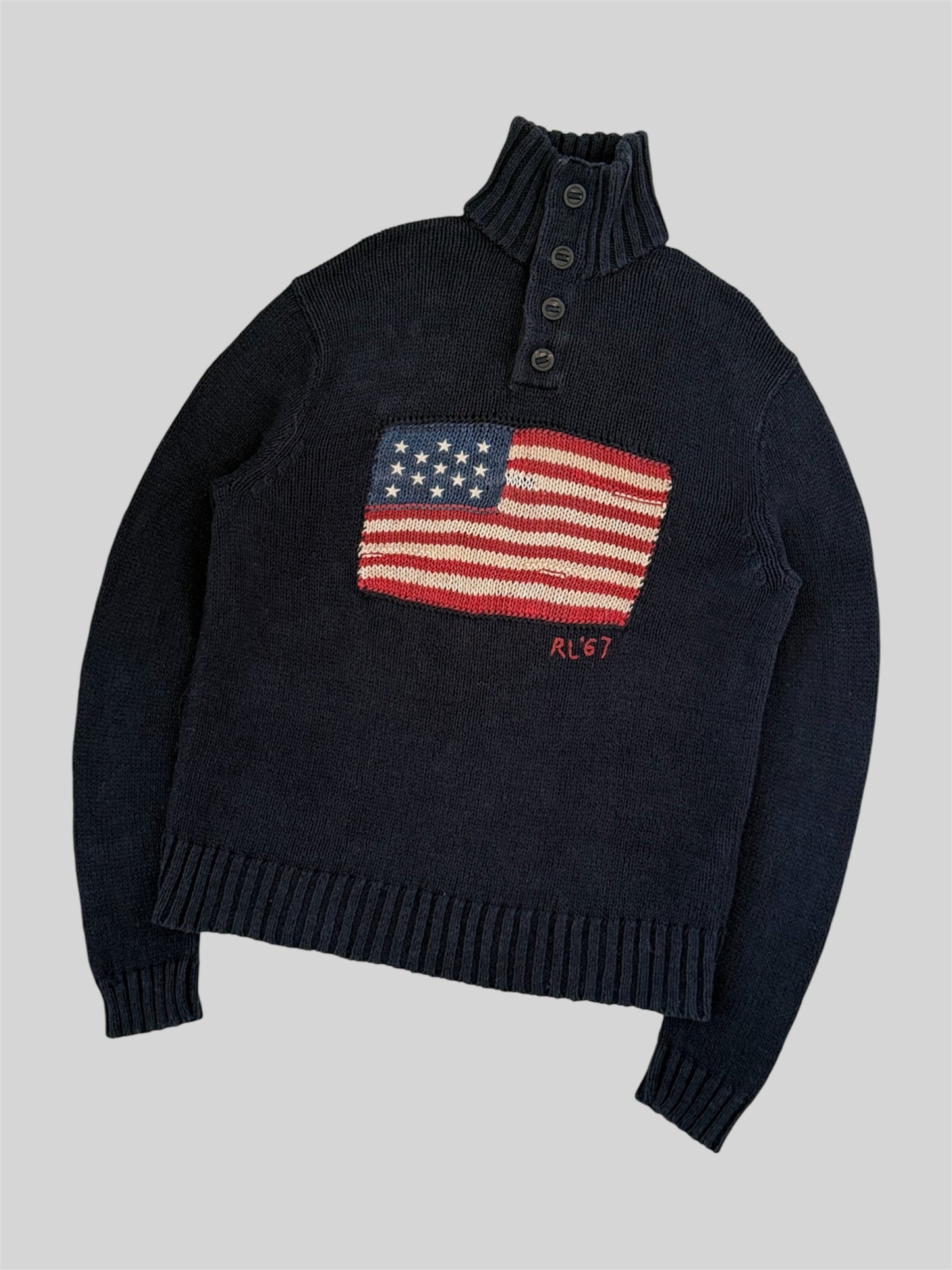 Vintage Polo Ralph Lauren USA RL 67 Button Up Knitted Jumper Navy Medium