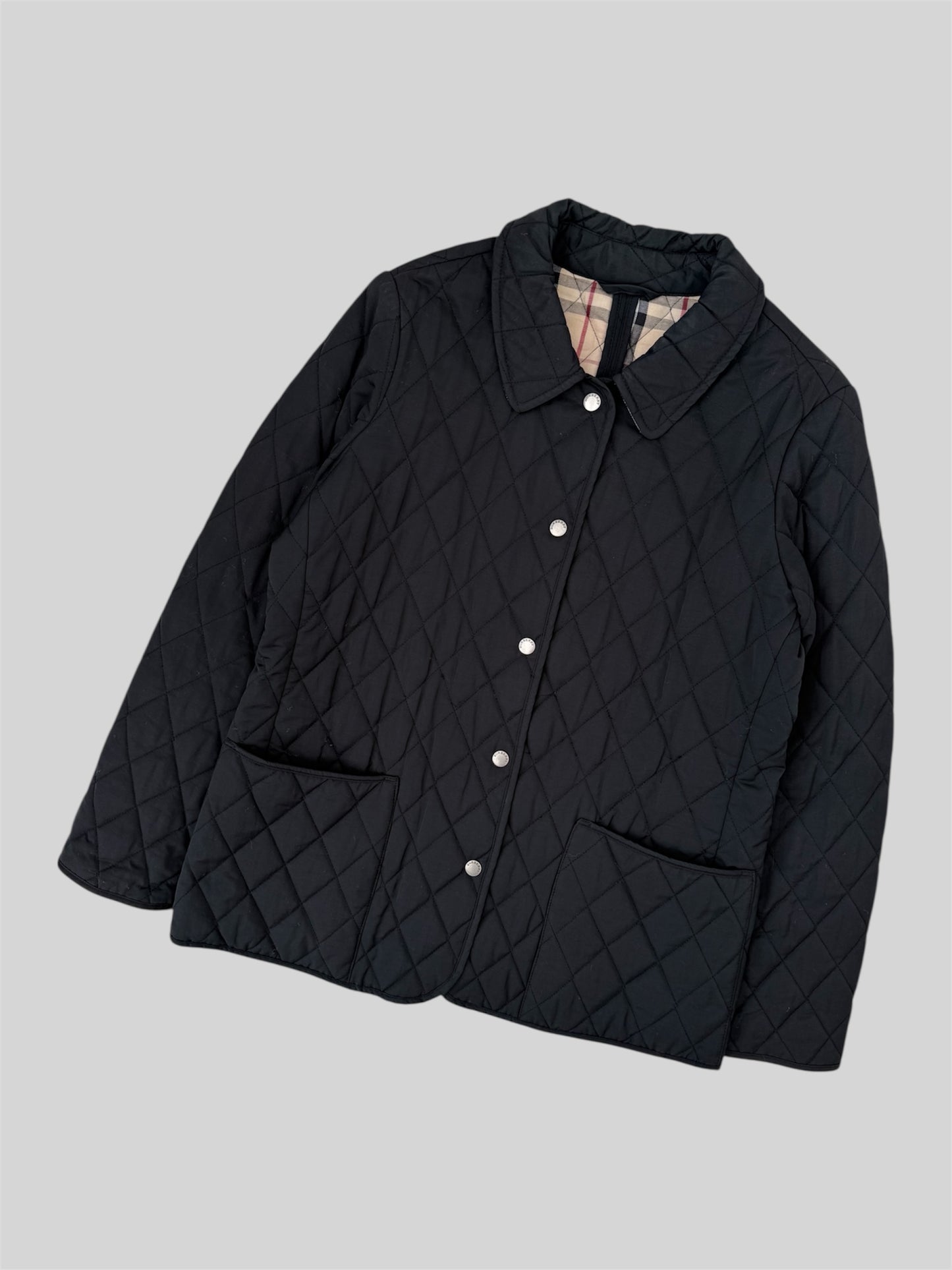 Vintage Burberry 1990s Women’s Button Up Quilted Nylon Jacket Black Large