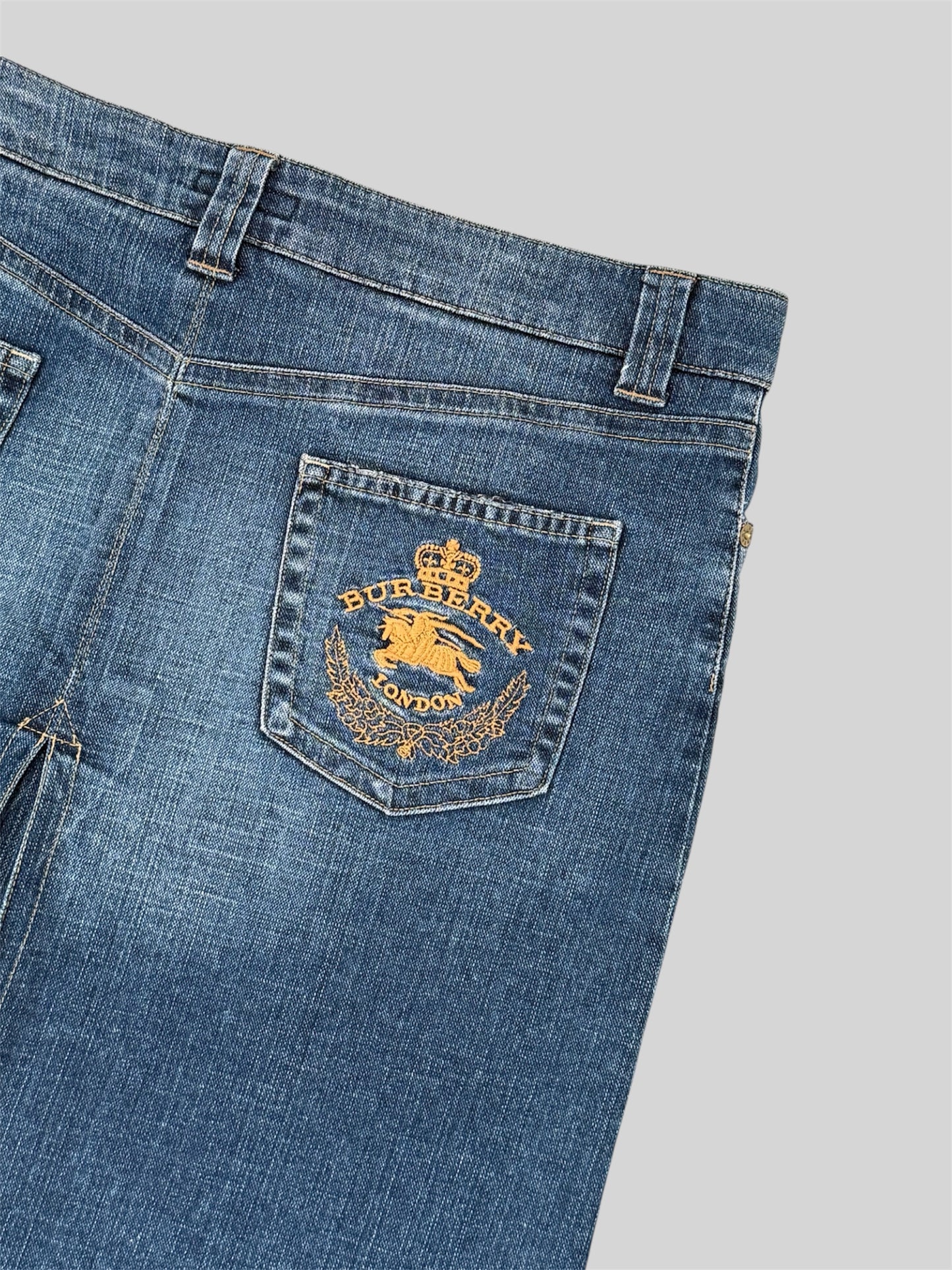 Rare Burberry 00s Embroidered Emblem Knee Length Denim Skirt Blue Size 14 Large