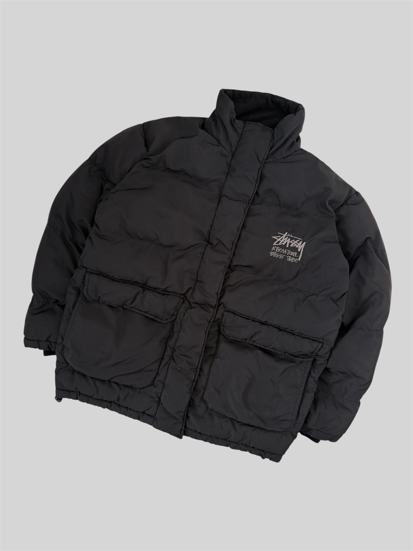 Vintage Stussy 2000s Embroidered Spellout Adjustable Puffer Jacket Black Medium