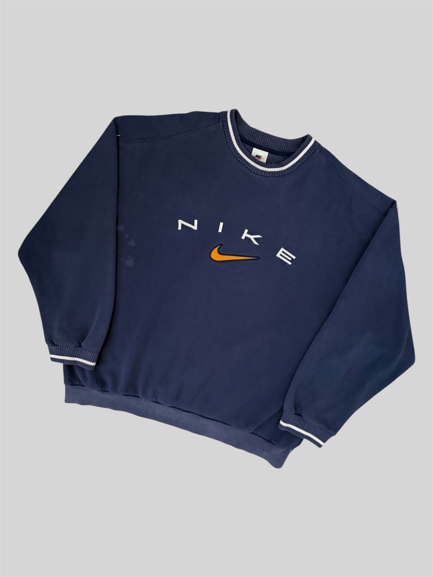 Vintage Nike 1990s Embroidered Spellout Pullover Sweatshirt Navy X-Large