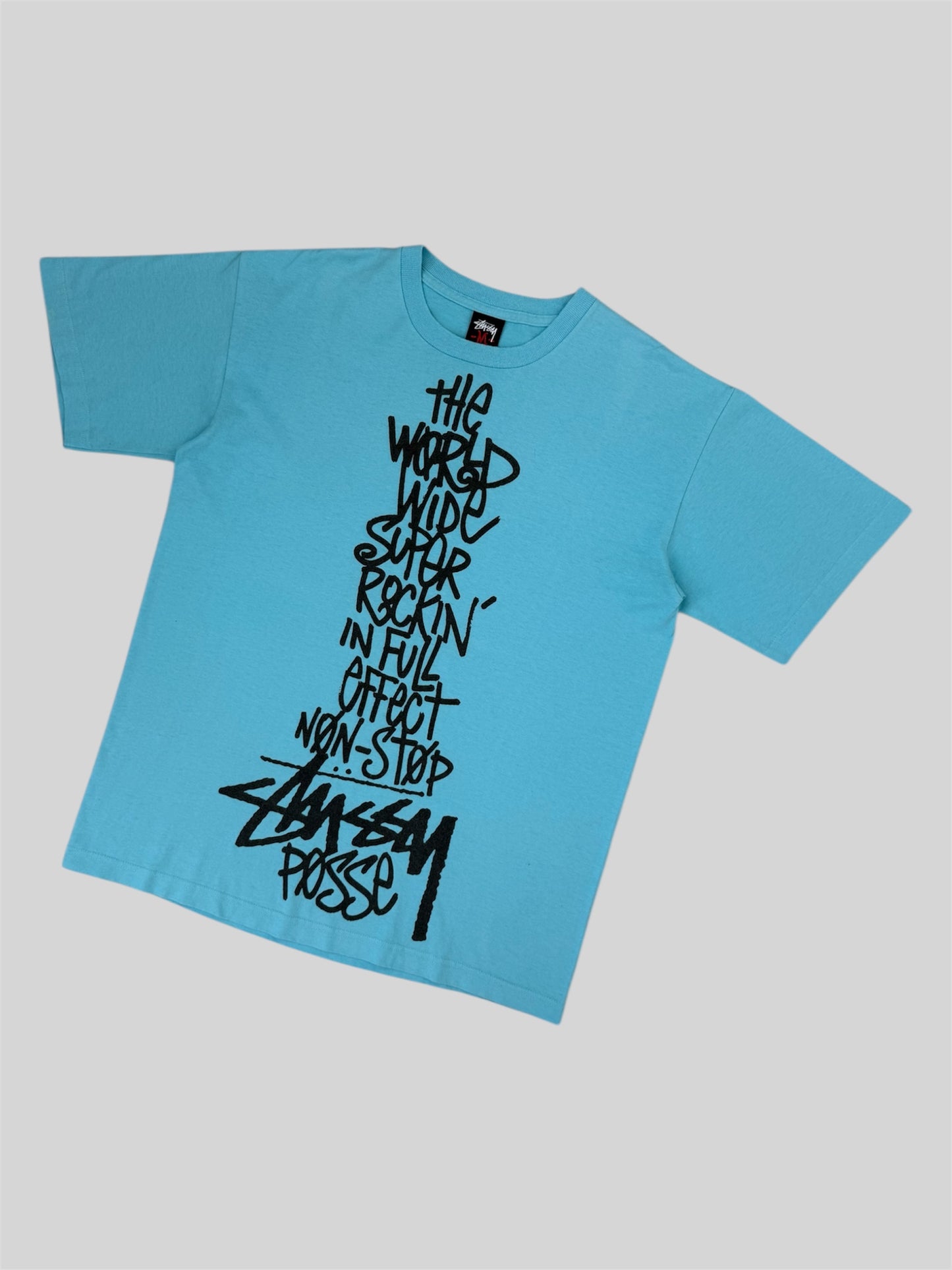 Vintage Stussy Posse Spellout Graphic Print T Shirt Blue Medium