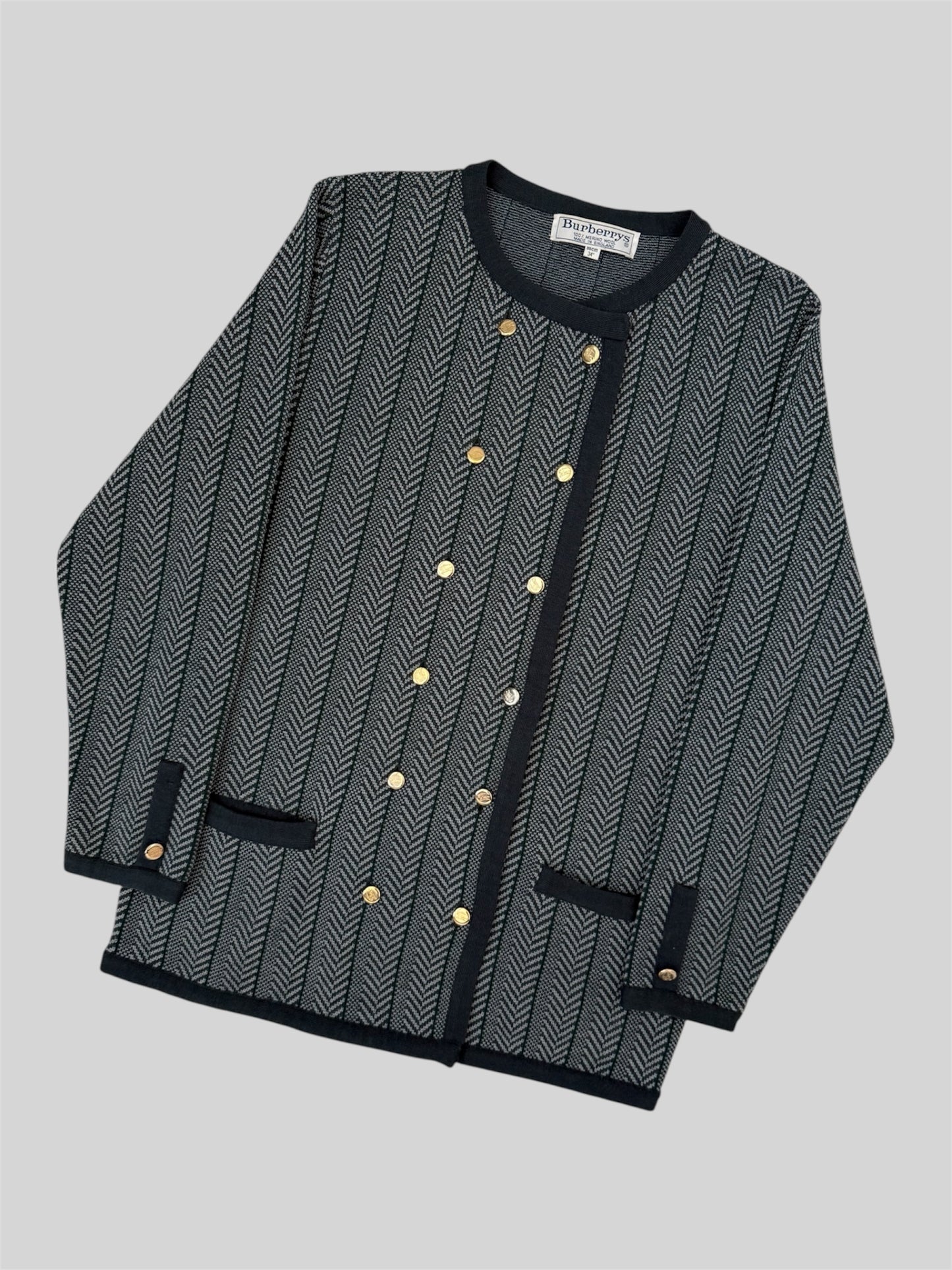 Vintage Burberry 90s Women’s Button Up Stripy Wool Cardigan Grey Medium