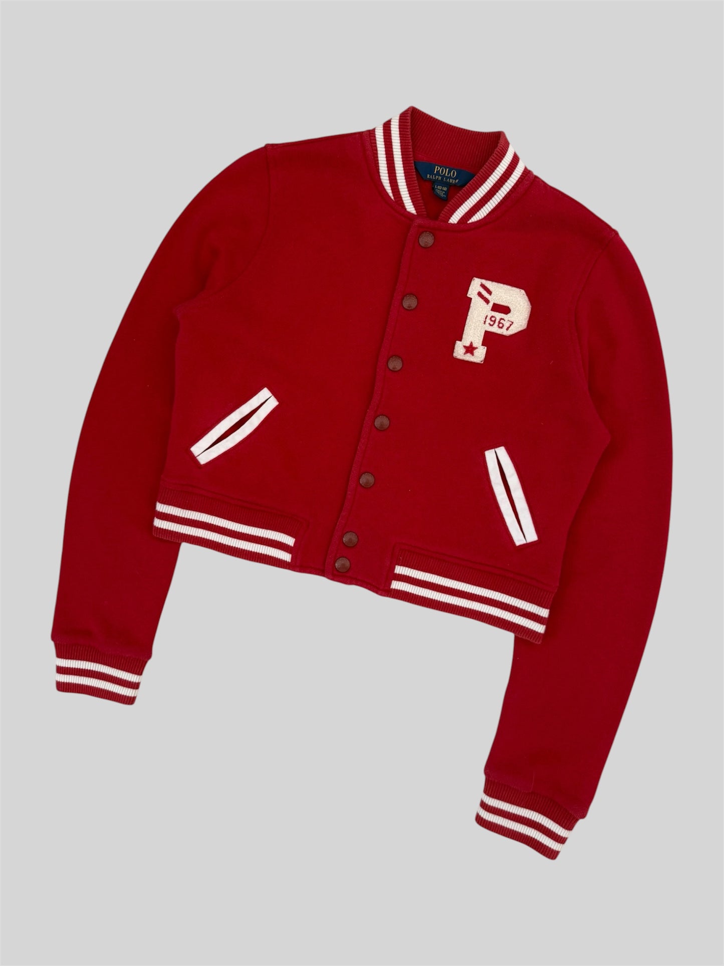 Authentic Polo Ralph Lauren Cropped Button Up Varsity Jacket Red L (12-14)
