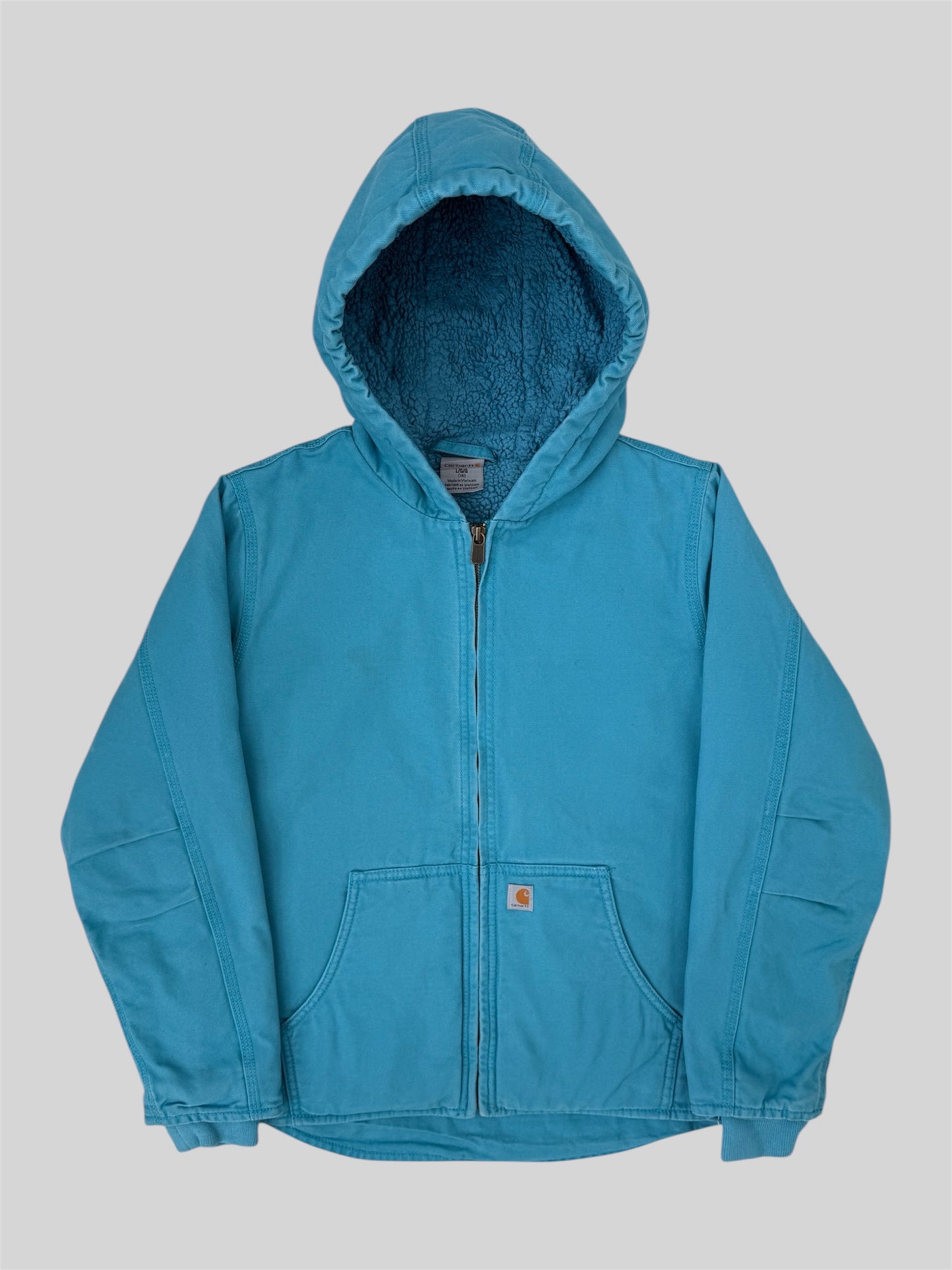 Vintage Carhartt 2000s Sherpa Lined Jacket RN 13706 Light Blue Large Age 14