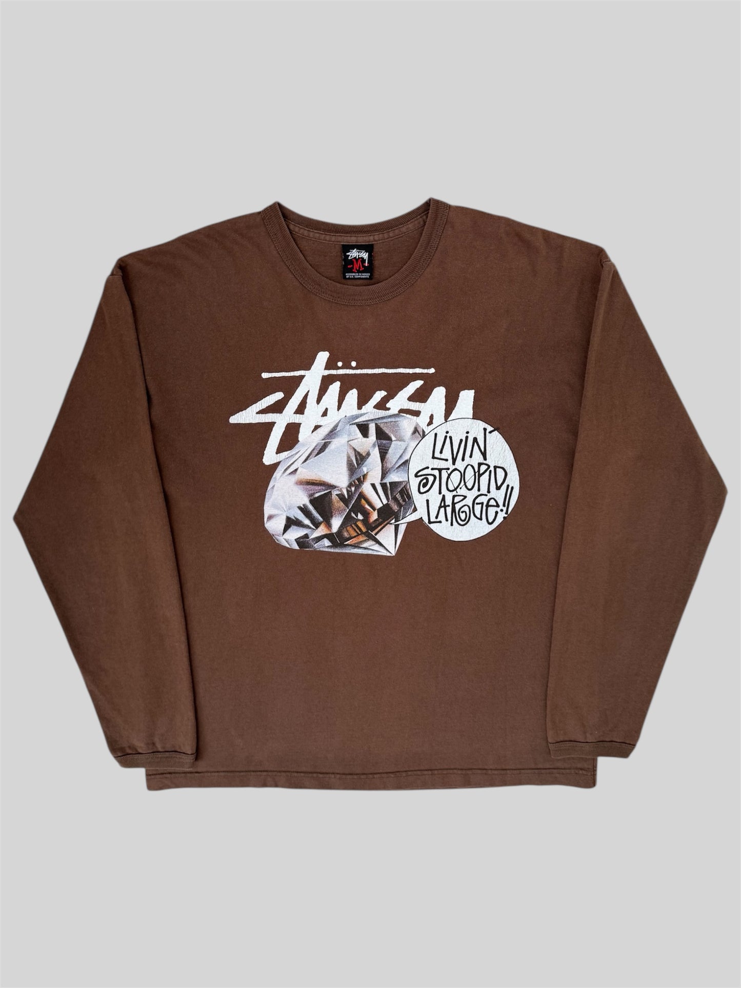 Vintage Stussy 2000s Diamond ‘Livin Stoopid Large’ Long Sleeve T Shirt Brown M