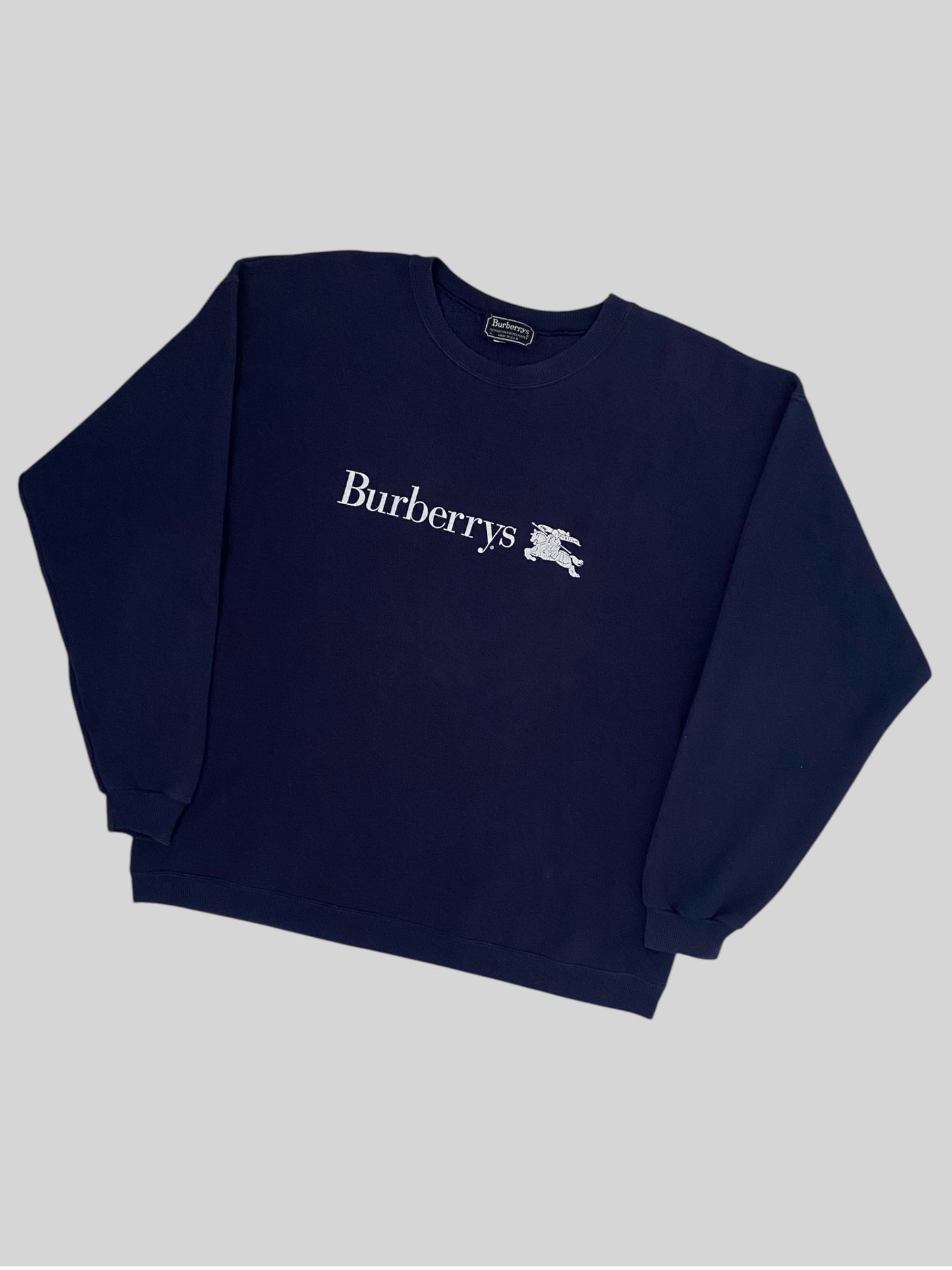 Vintage Burberry Felt Spellout Pullover Sweatshirt Navy Large