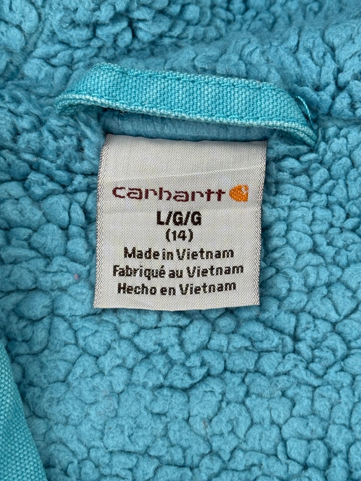 Vintage Carhartt 2000s Sherpa Lined Jacket RN 13706 Light Blue Large Age 14