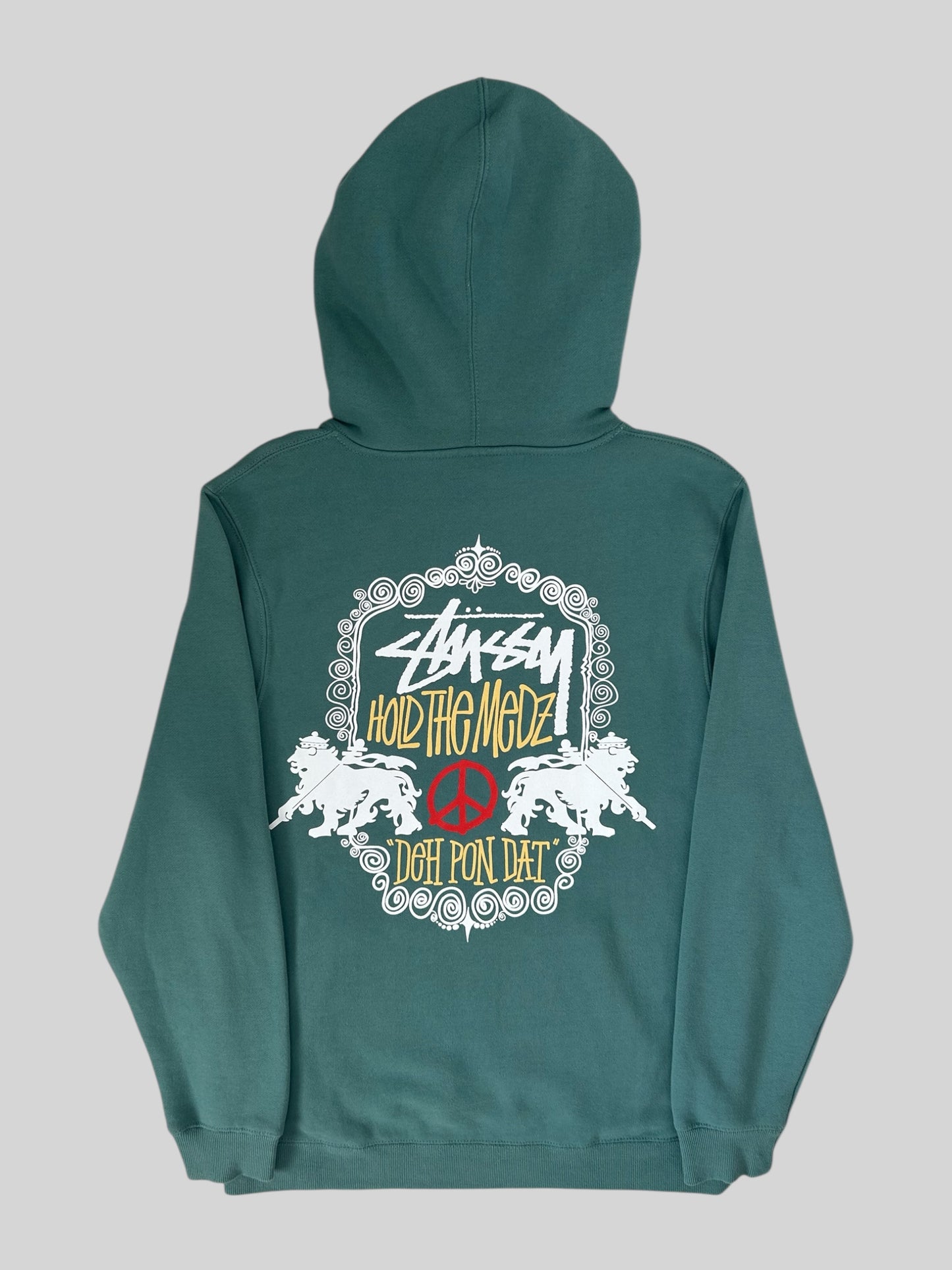 Vintage Stussy Spellout Back Print Pullover Hoodie Green Medium