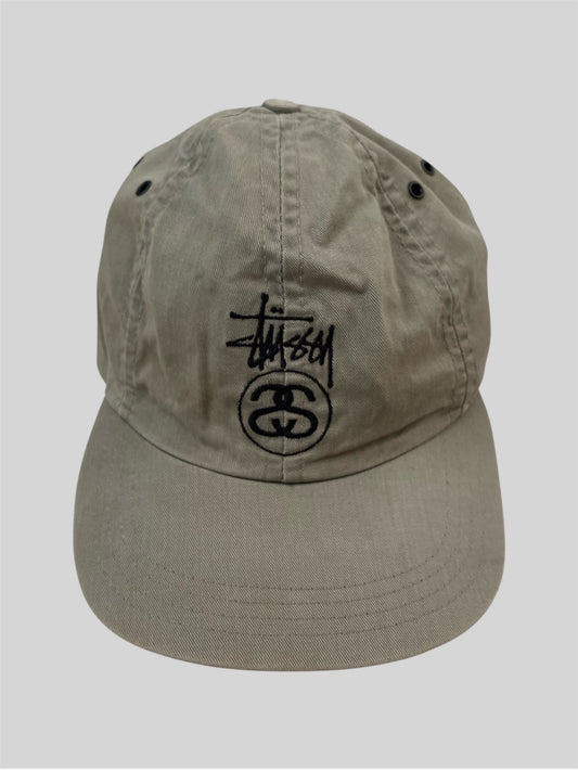 Vintage Stussy 90s Embroidered Spellout Emblem Baseball Cap Khaki One Size