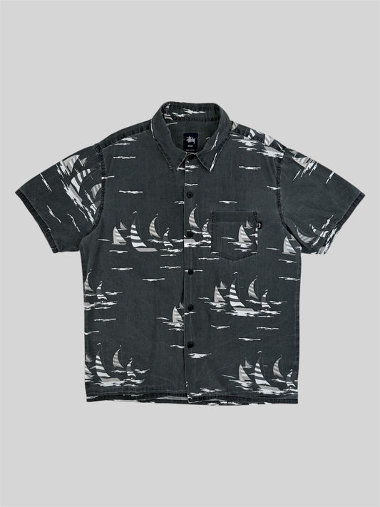 Rare Vintage Stussy 2000s Button Up Summer Sailboat Shirt Grey Medium