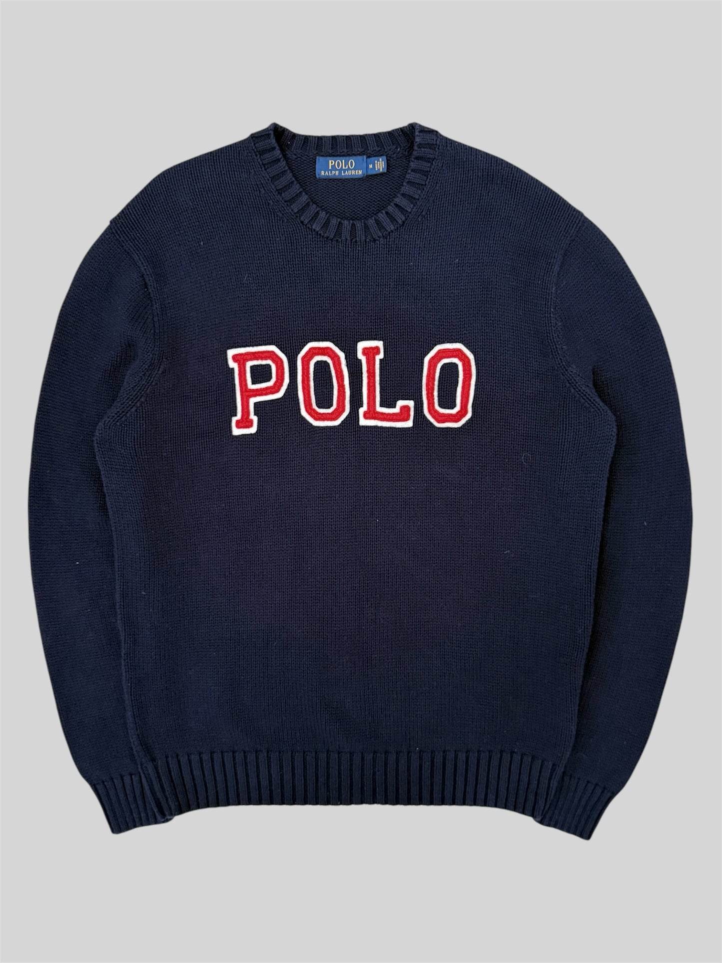 Authentic Polo Ralph Lauren Spellout Knitted Pullover Jumper Navy Medium