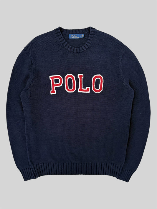 Authentic Polo Ralph Lauren Spellout Knitted Pullover Jumper Navy Medium