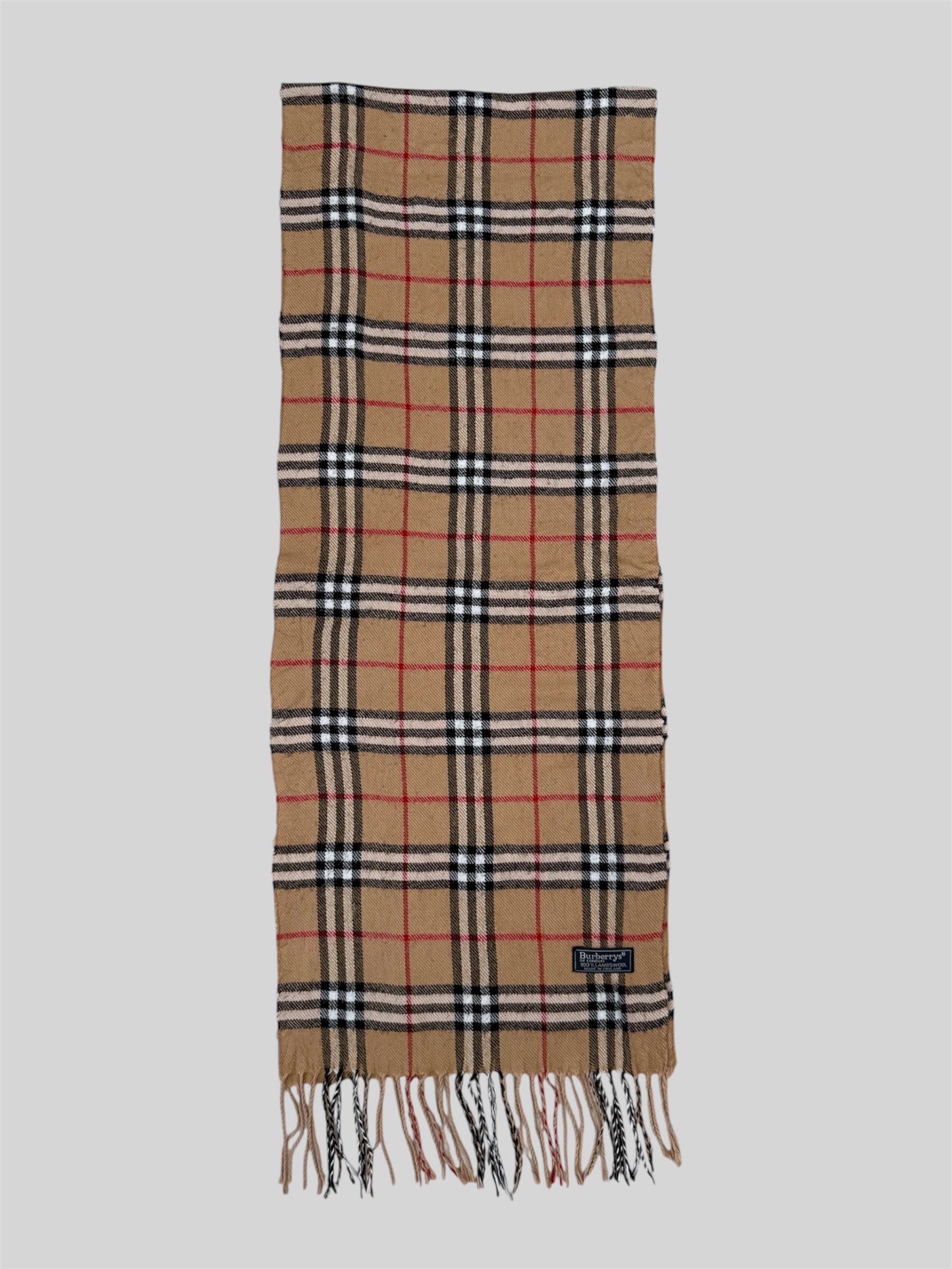 Vintage Burberry 90s Nova Check Scarf 100% Lambswool Beige Made In England