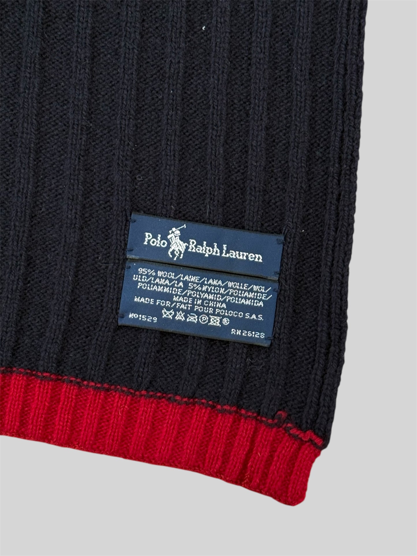 Vintage Polo Ralph Lauren Embroidered 95% Wool 5% Nylon Long Scarf Navy