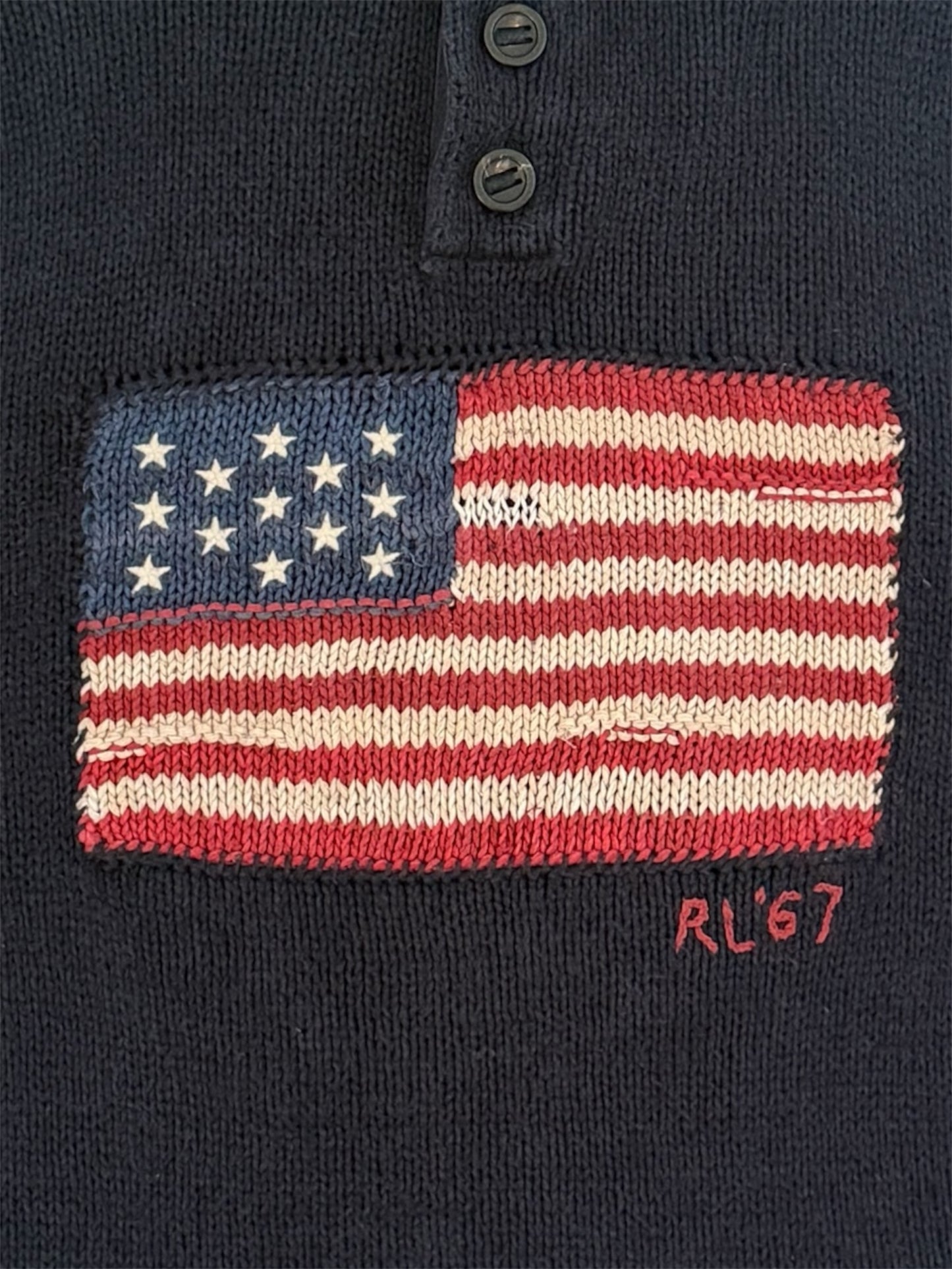 Vintage Polo Ralph Lauren USA RL 67 Button Up Knitted Jumper Navy Medium