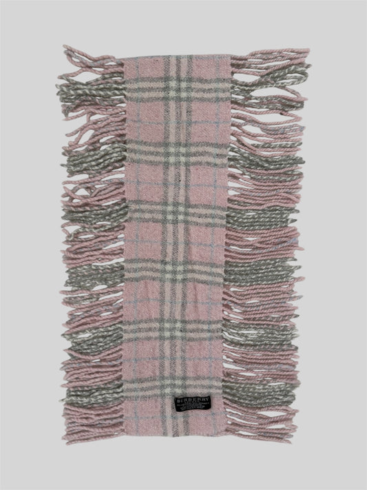 Vintage Burberry Nova Checkered 77% Mering 21% Angora Fringe Scarf Pink