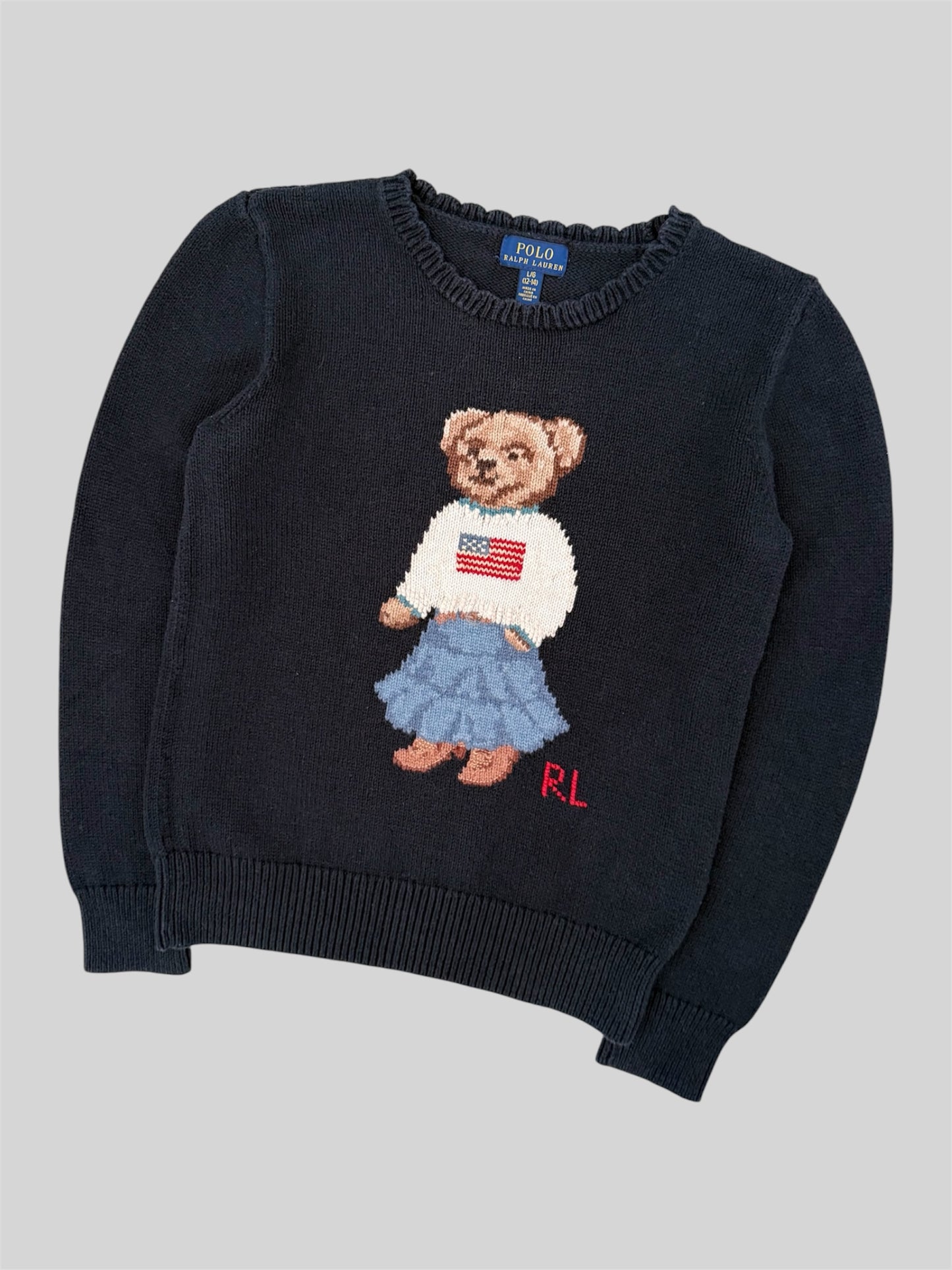 Authentic Polo Ralph Lauren Teddy Bear Knitted Pullover Jumper Navy L (12-14)