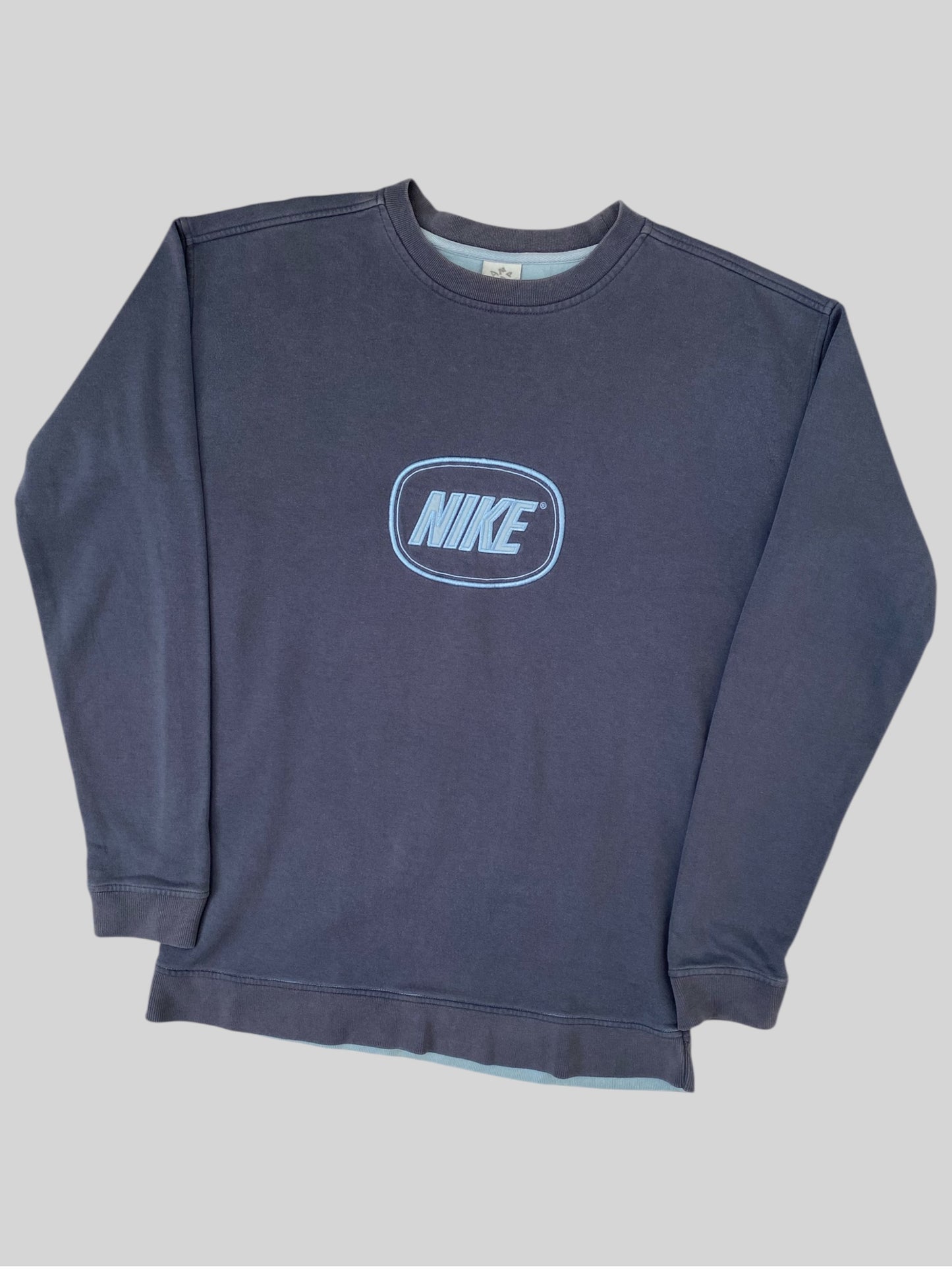 Vintage Nike Embroidered Central Spellout Pullover Sweatshirt Blue X-Large