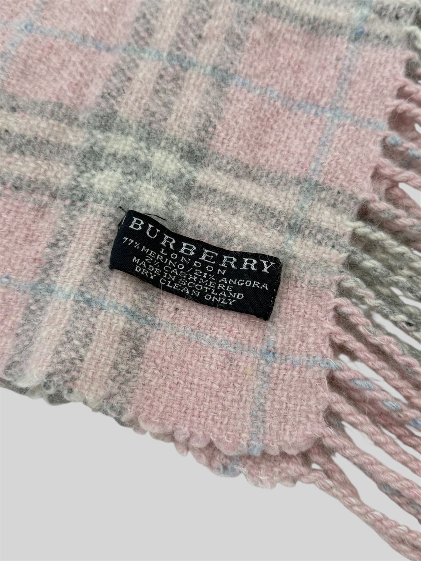 Vintage Burberry Nova Checkered 77% Mering 21% Angora Fringe Scarf Pink