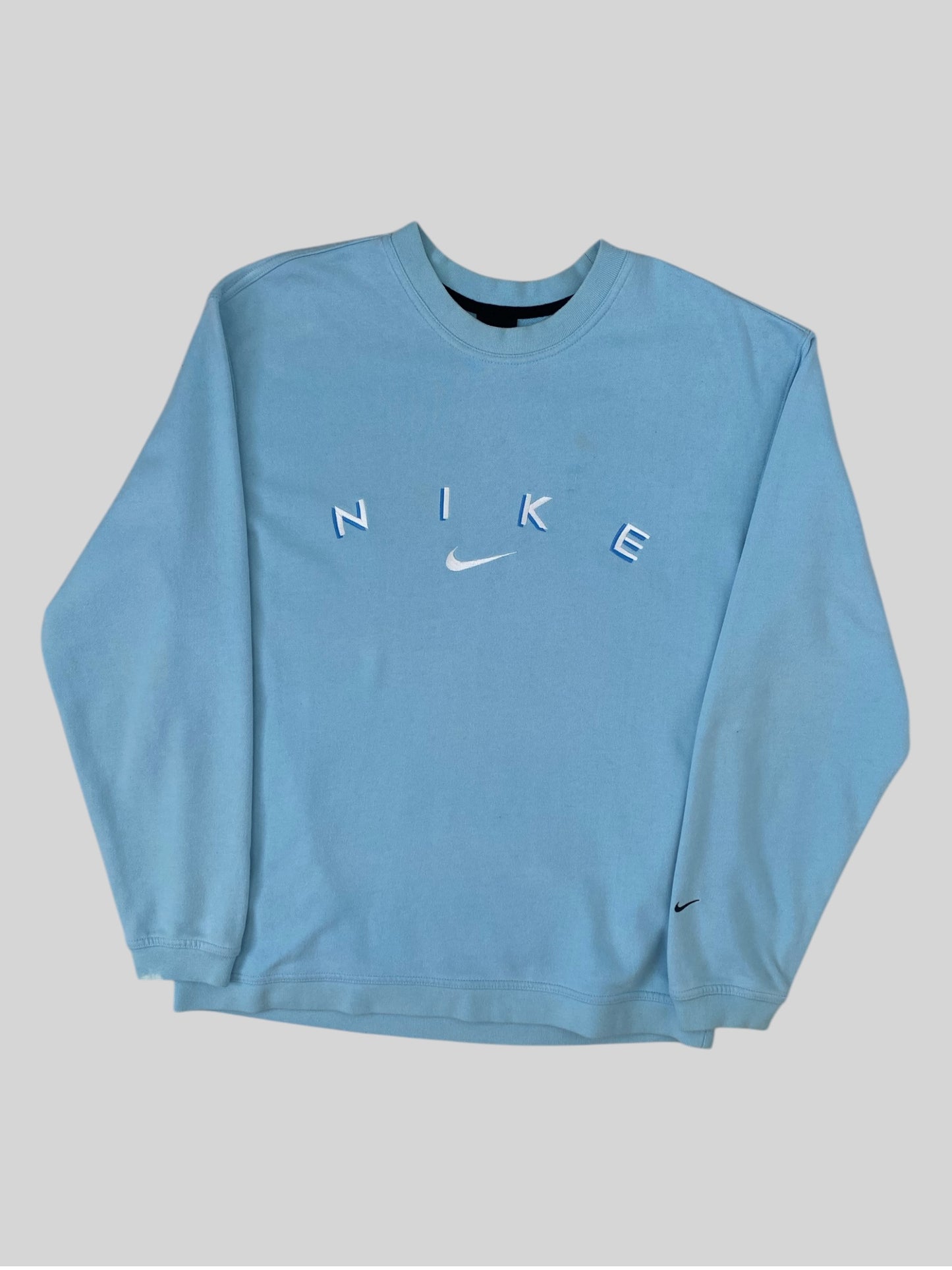 Vintage Nike Embroidered Central Swoosh Spellout Pullover Sweatshirt Blue Small