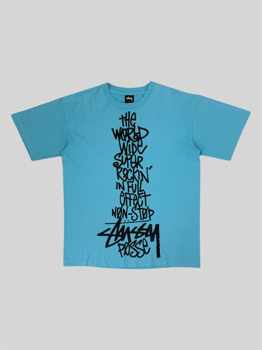 Vintage Stussy Posse Spellout Graphic Print T Shirt Blue Medium