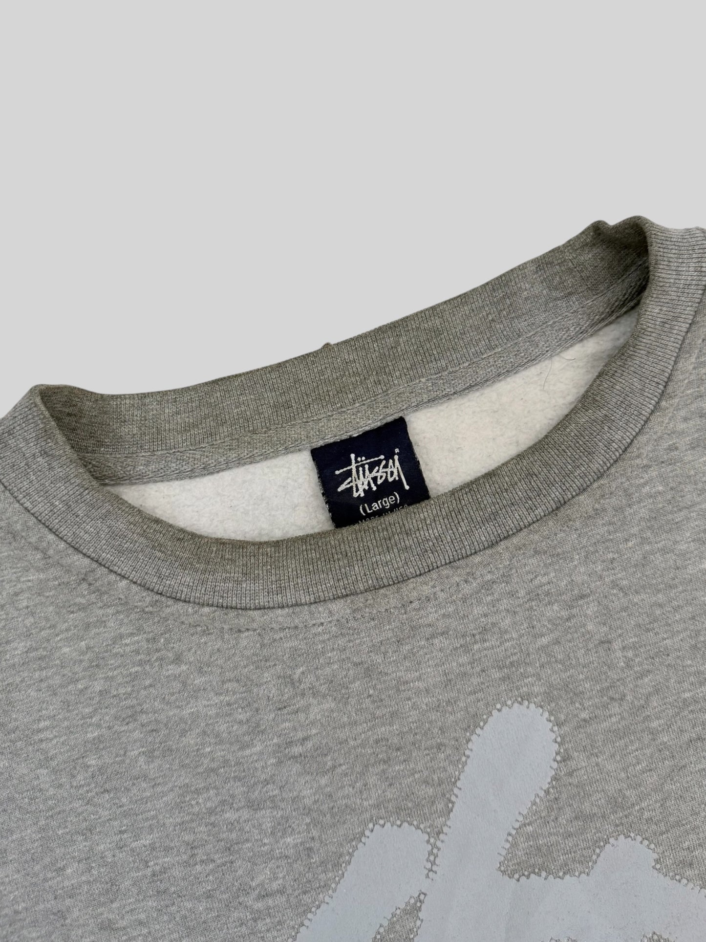 Vintage 1990s Stussy Graphic Print Pullover Sweatshirt Light Grey Large