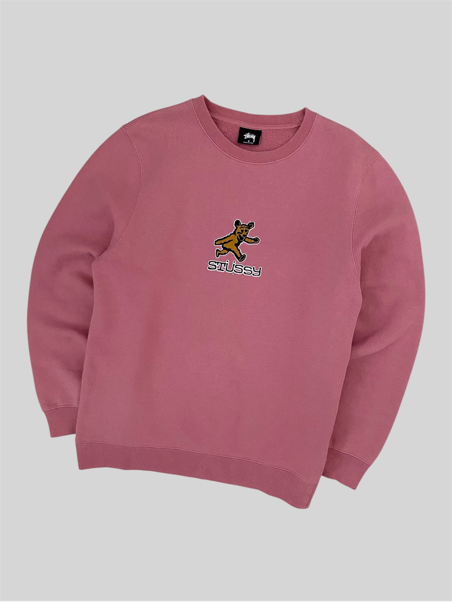 Vintage Stussy Embroidered Bear Spellout Pullover Sweatshirt Pink Small