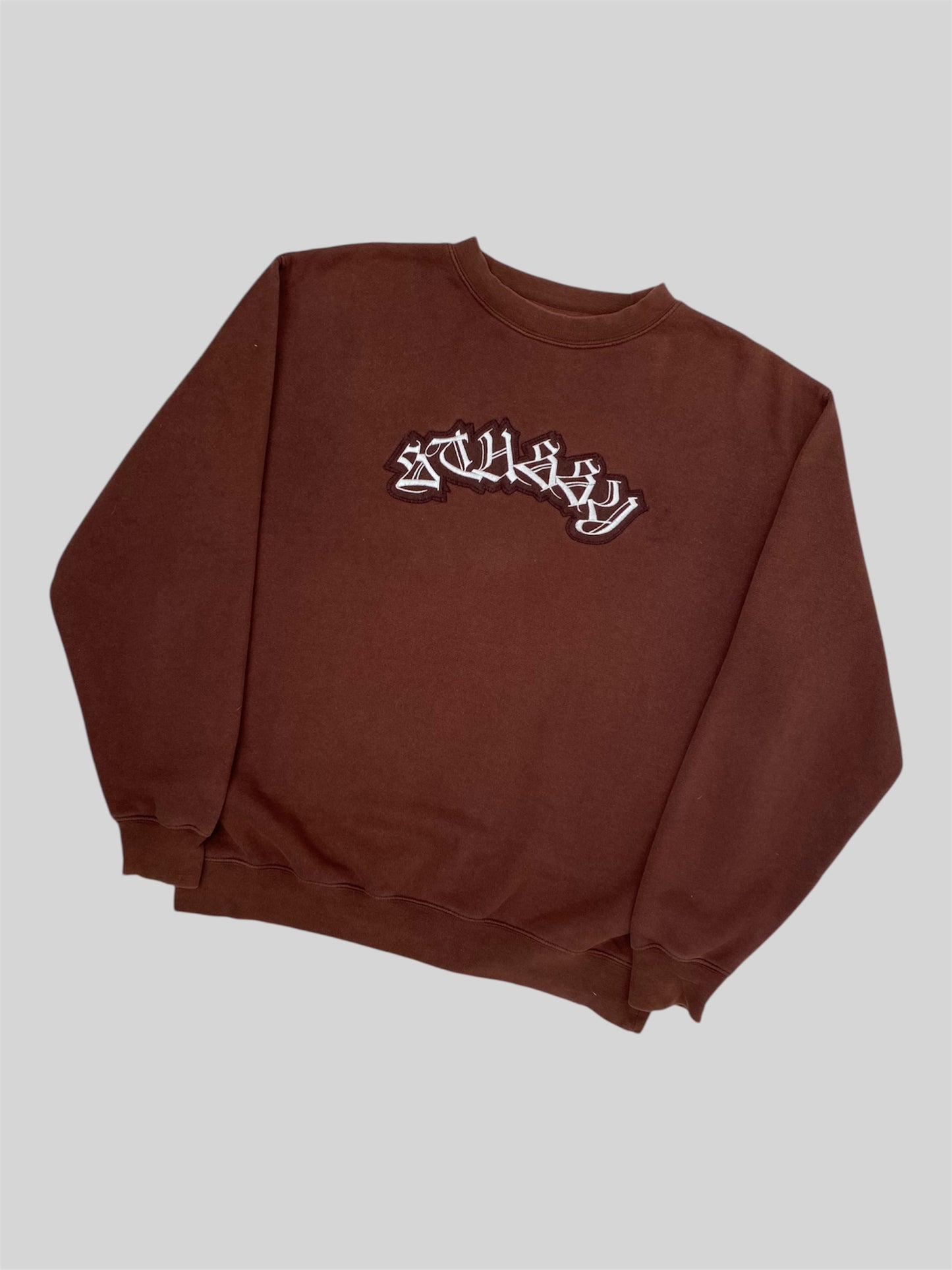 Vintage Stussy Embroidered Spellout Pullover Sweatshirt Brown Small