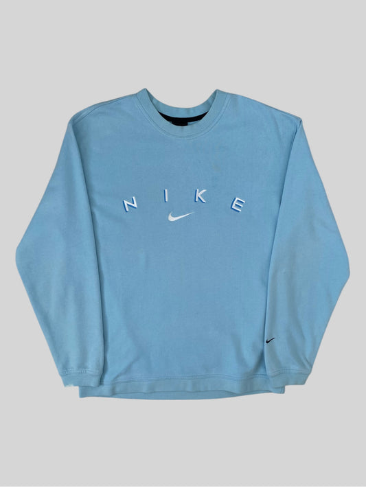 Vintage Nike Embroidered Central Swoosh Spellout Pullover Sweatshirt Blue Small