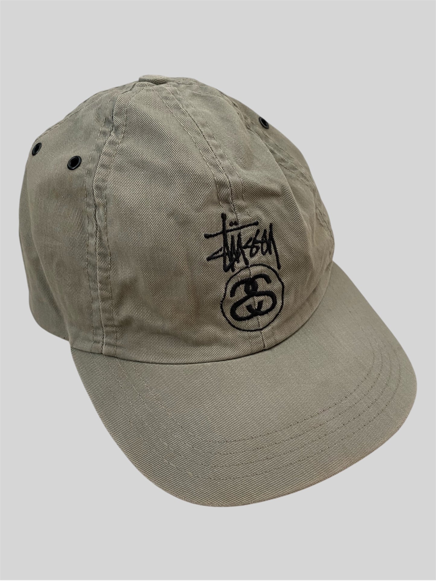 Vintage Stussy 90s Embroidered Spellout Emblem Baseball Cap Khaki One Size