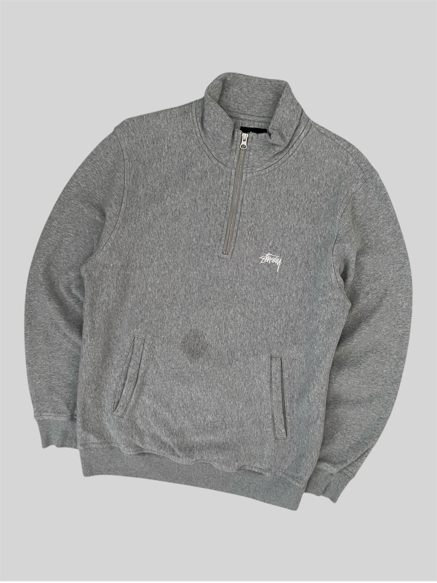 Stussy Embroidered Quarter Zip Pullover Sweatshirt Light Grey Medium